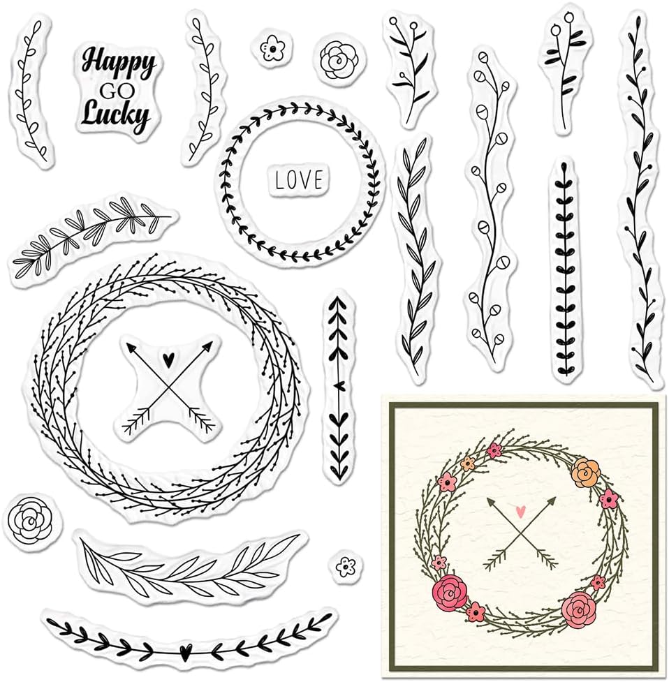 Flowers Leaves Wreath Clear Stamps for Card Making, Floral Lace Arrows Rubber Stamps Writing Lines Transparent Stamp Seal