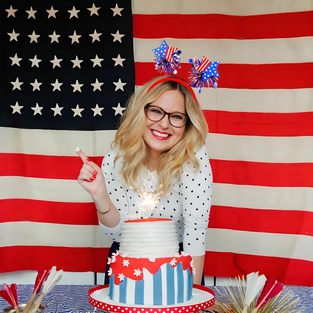4th of July Headband - Red White Blue American Flag Headbands - Glitter Stars Patriotic Headband for 4th of July Outfits for Women - Fourth of July Decorations Cosplay Party