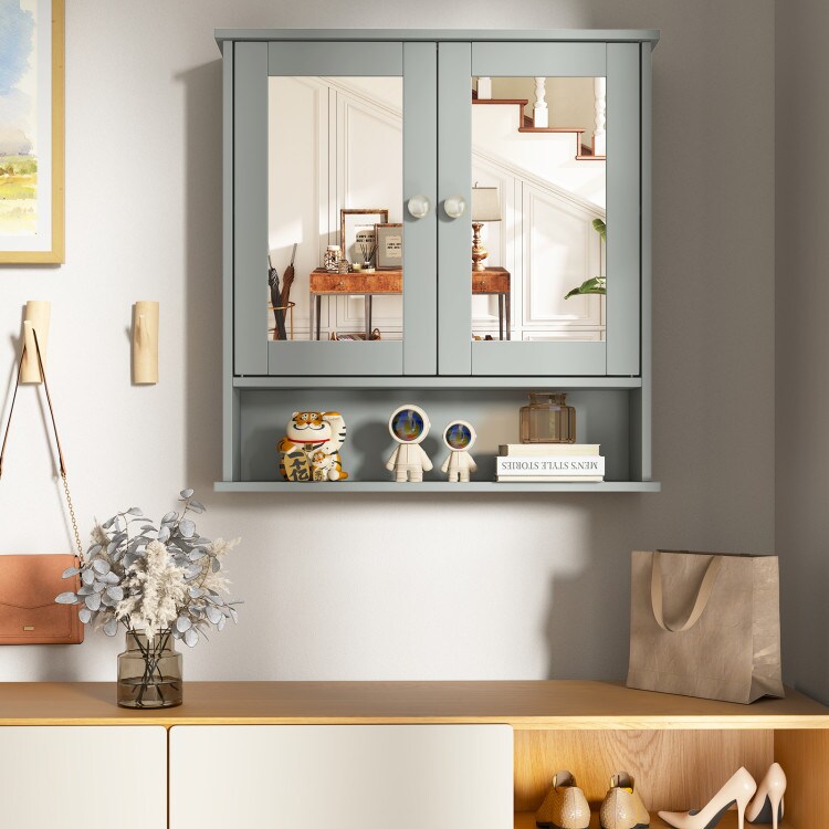 Wall Cabinet with Double Mirror Doors Adjustable Shelf Storage for Bathroom and Bedroom