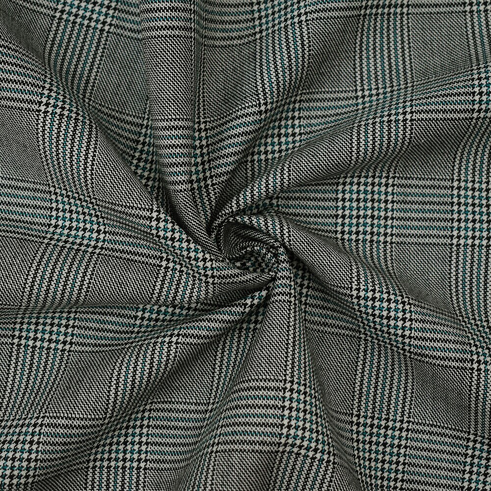 Black-Off-White-Green Poly-Wool Glen Plaid Check Suiting Woven Fabric By the Yard