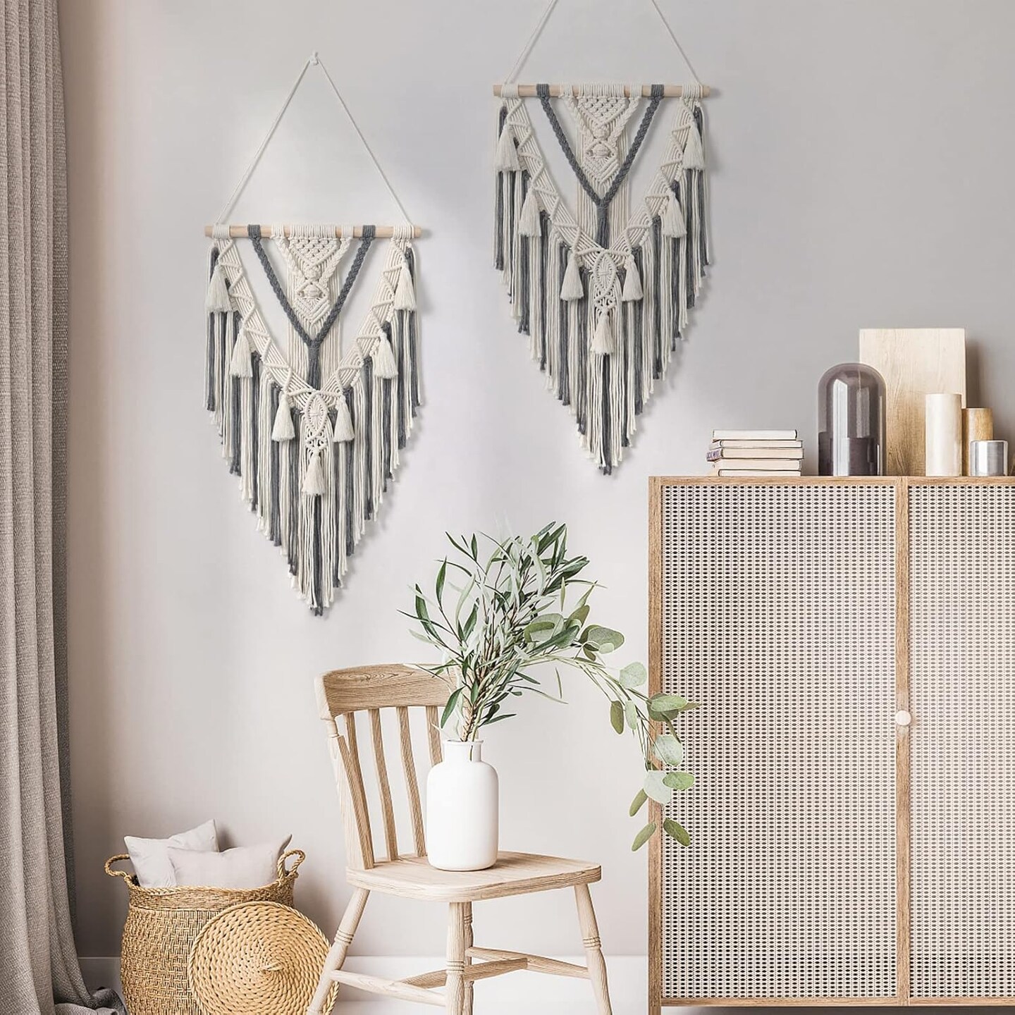 Macrame Woven Wall Hanging Boho Geometric Woven Tapestry Beige &#x26; Grey Cotton Handmade Bohemian Art Decor with Tassel Craft Ornament for Bedroom Living Room Apartment Nursery (Grey)