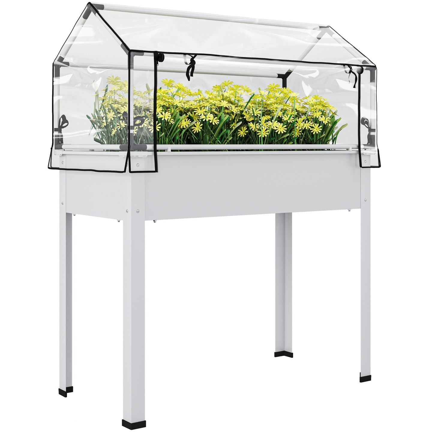 White Elevated Garden Box with Greenhouse Cover &#x26; Drainage Hole