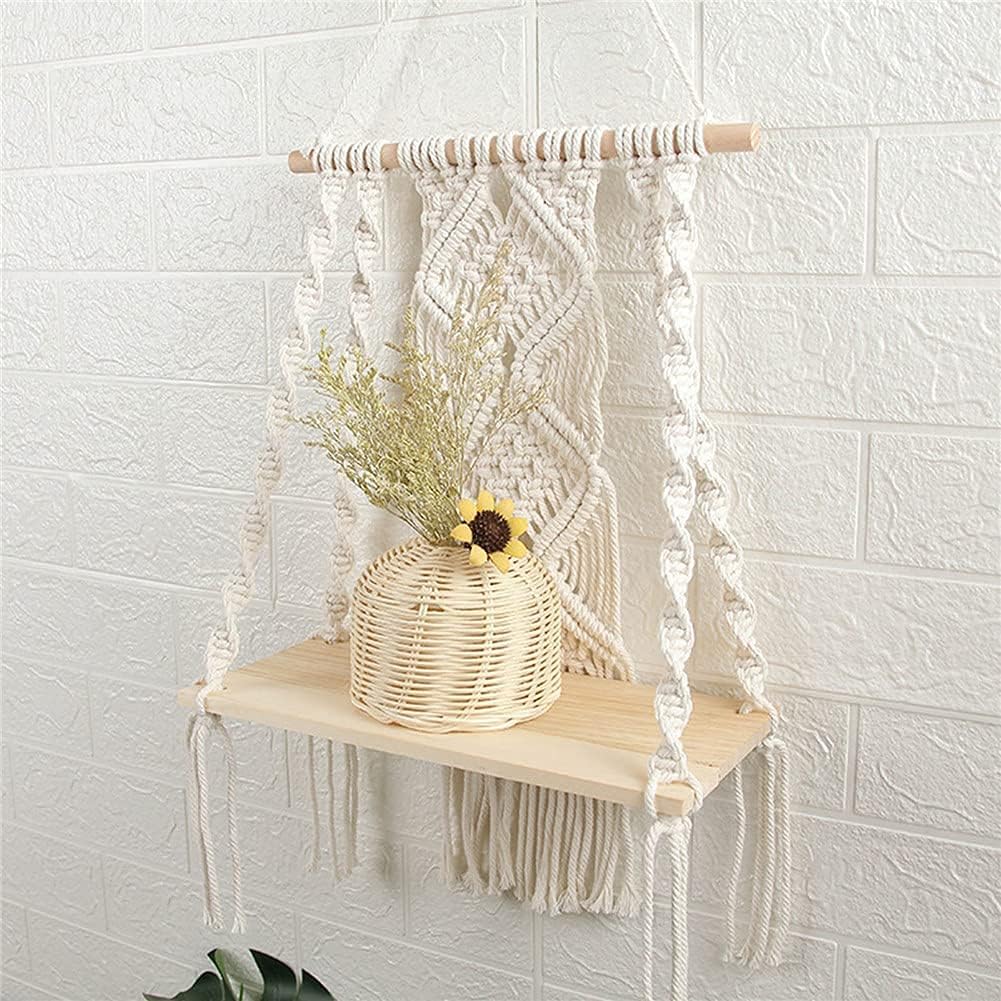 Macrame Wall Hanging Plant Shelf Handmade Boho Rope Shelf for Indoor and Outdoor Use, Floating Wooden Shelve for Plants and Decorative Display