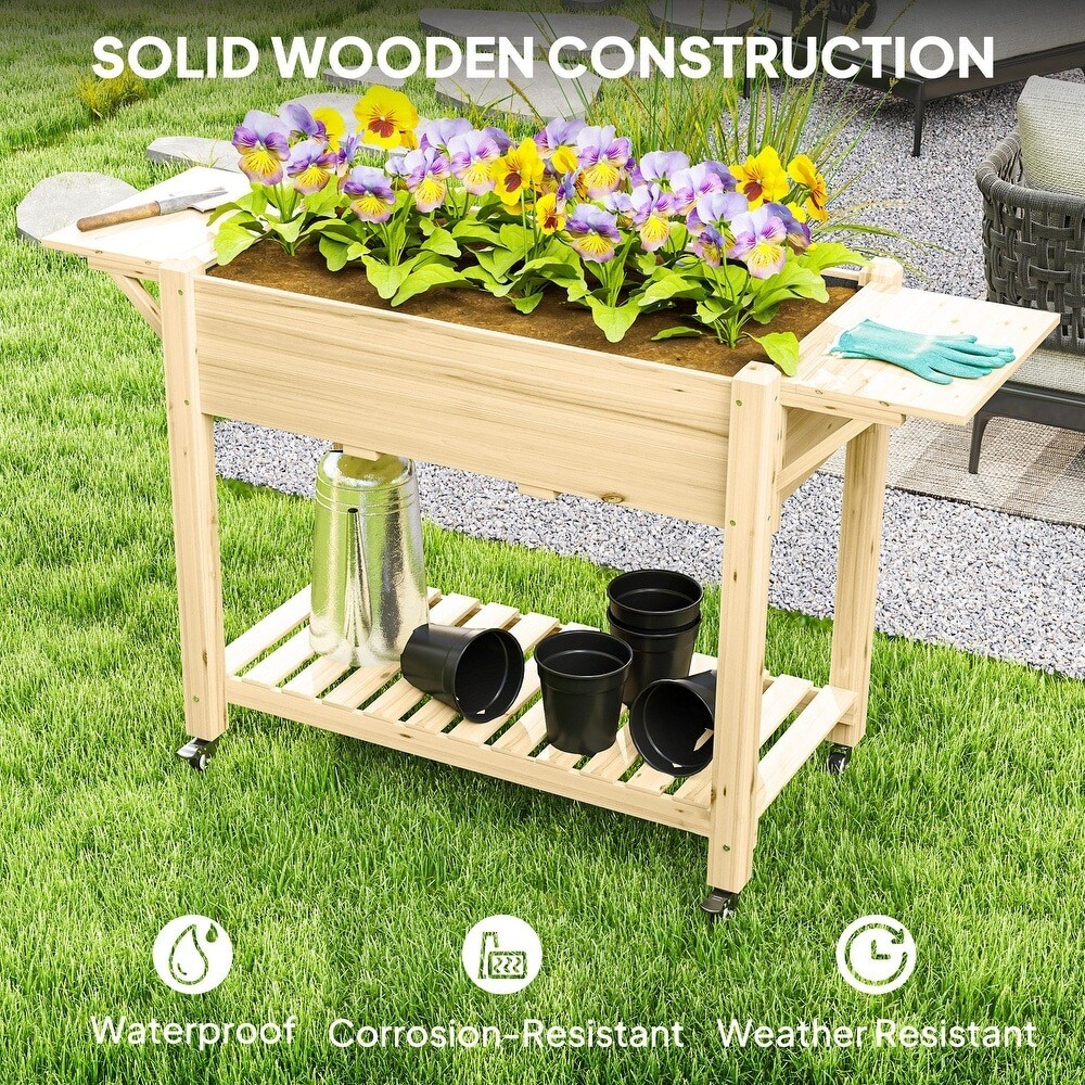 Wood Raised Garden Bed with Lockable Wheels, Side Tables, Bottom Shelf &#x26; Liner