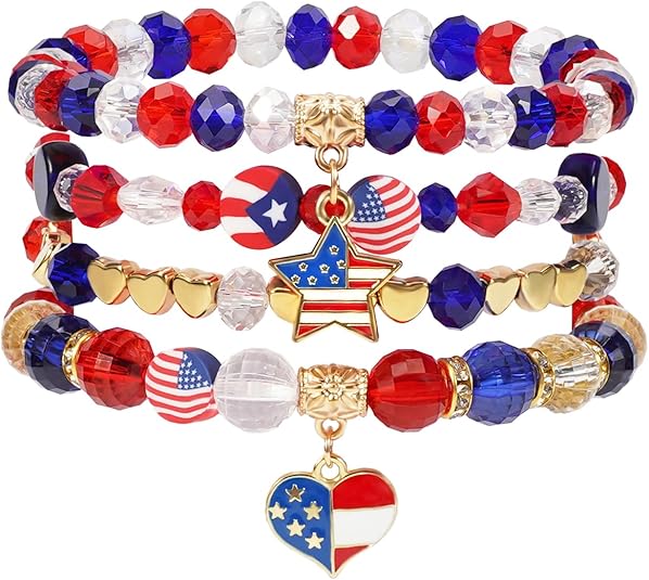 4th of July Beaded Bracelets with American Flag Stars Charms USA Jewelry