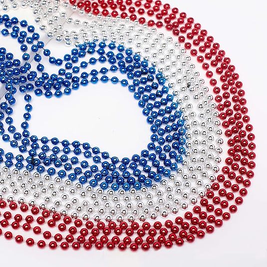 24 PCS Mardi Gras Beads Necklace, Pride LGBTQ Rainbow Patriotic Red Blue Silver Bead Necklaces