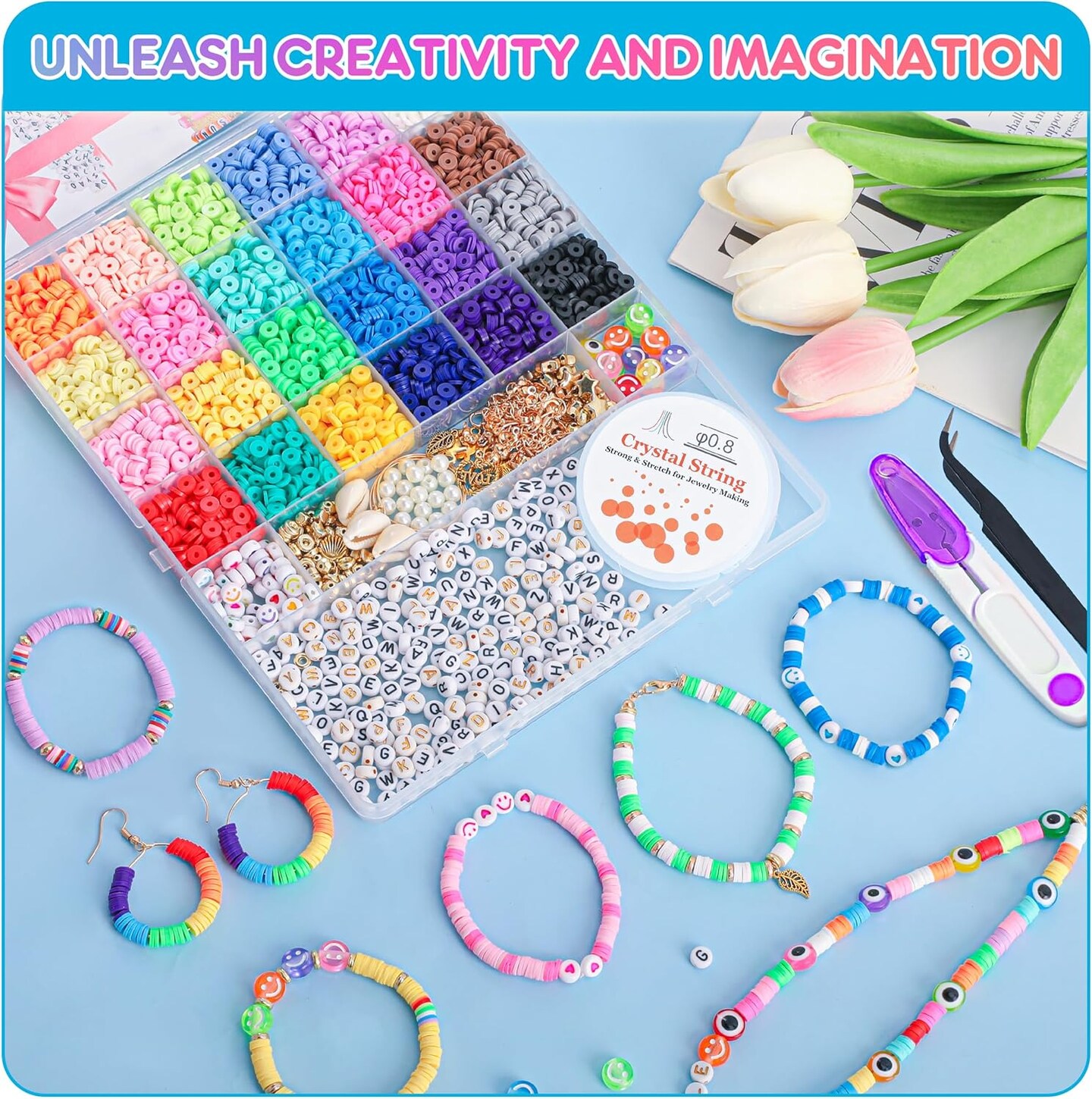 5800 PCS Clay Beads Bracelet Making Kit, 24 Colors Flat Preppy for Friendship Jewelry Making, Polymer Heishi with Charms DIY Arts and Crafts Birthday Gifts Toys Teen Girls Age 6+