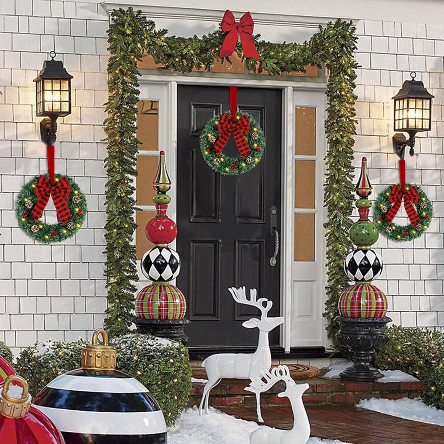 Lighted Christmas Front Door Wreath (Plaid Bow) 1&#x22;D x 13&#x22;W x 13&#x22;H