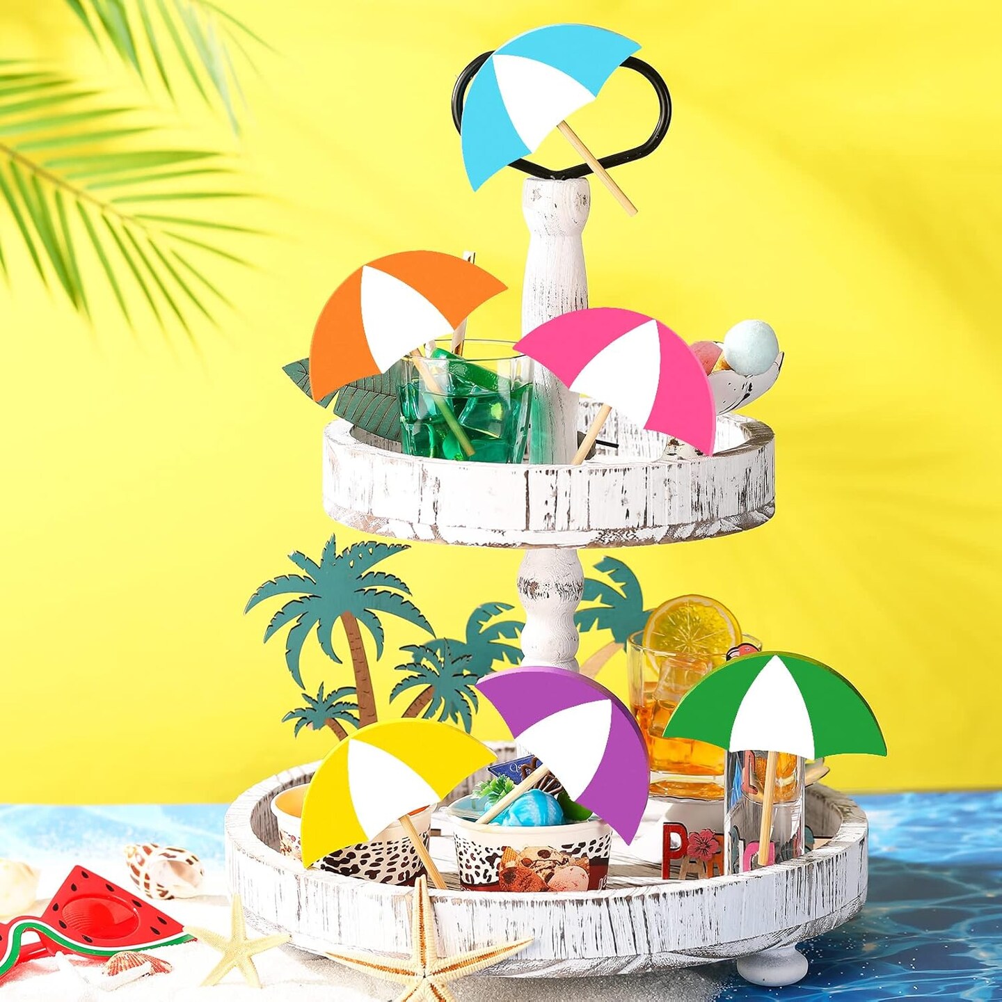 6 Pcs Summer Wooden Decor Colorful Umbrella Table Centerpieces Tiered Tray Decor Set Wooden Sun Shade Parasol Block Signs