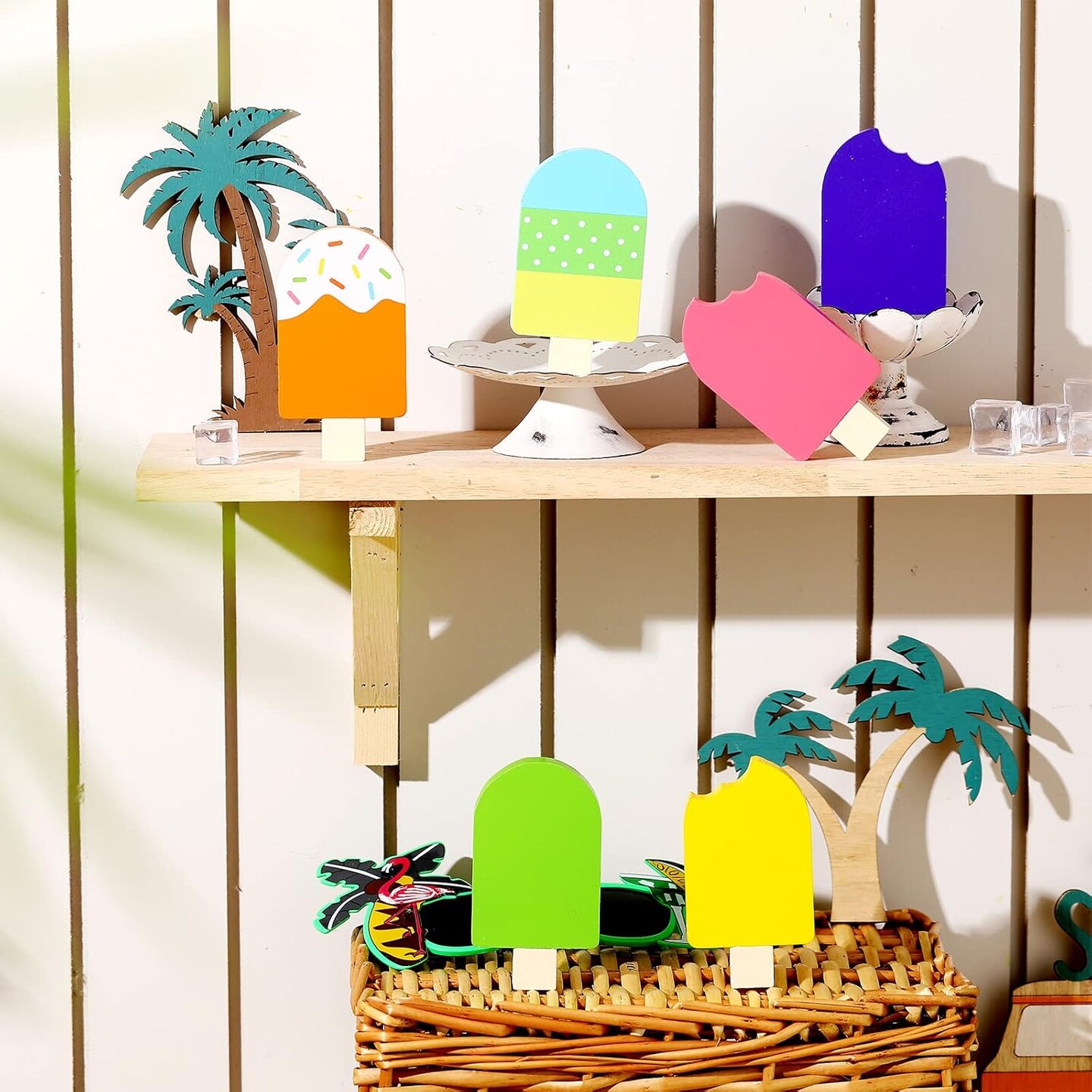 6 Pcs Hello Summer Tiered Tray Decor Wooden Sunglasses Table Centerpieces Set Wooden Tabletop Decoration Rustic Table Sign for Farmhouse Home Shelf Office(Colorful Ice Cream)