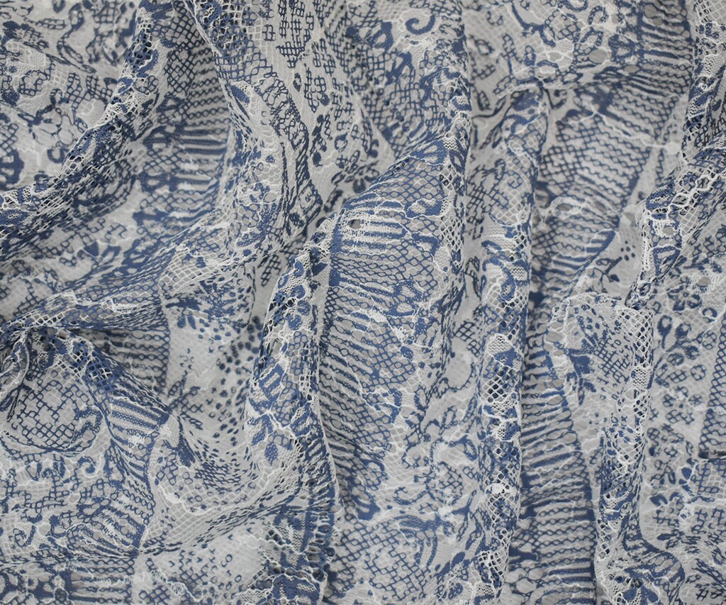 White-Blue Nylon Rayon Floral Stripe Printed Lace Mesh Knit Fabric By the Yard
