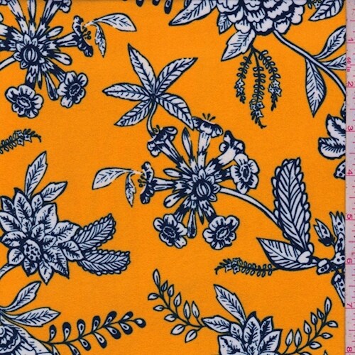 Marigold/Navy Stylized Floral Double Brushed Jersey Knit Fabric By the Yard