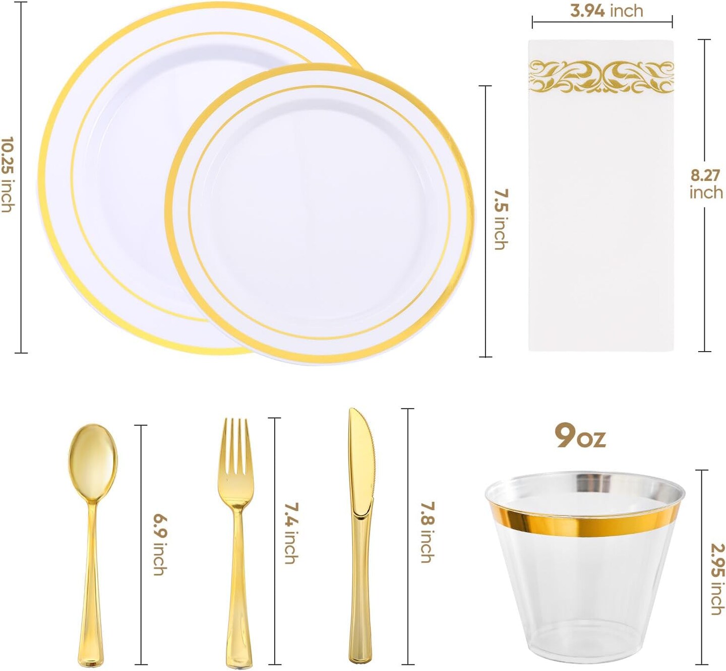 350-Piece Gold Rim Plastic Dinnerware Set – Elegant Disposable Tableware for 50 Guests, Perfect for Parties and Weddings. Includes Dinner Plates, Dessert Plates, Gold Silverware, Napkins, and Cups.
