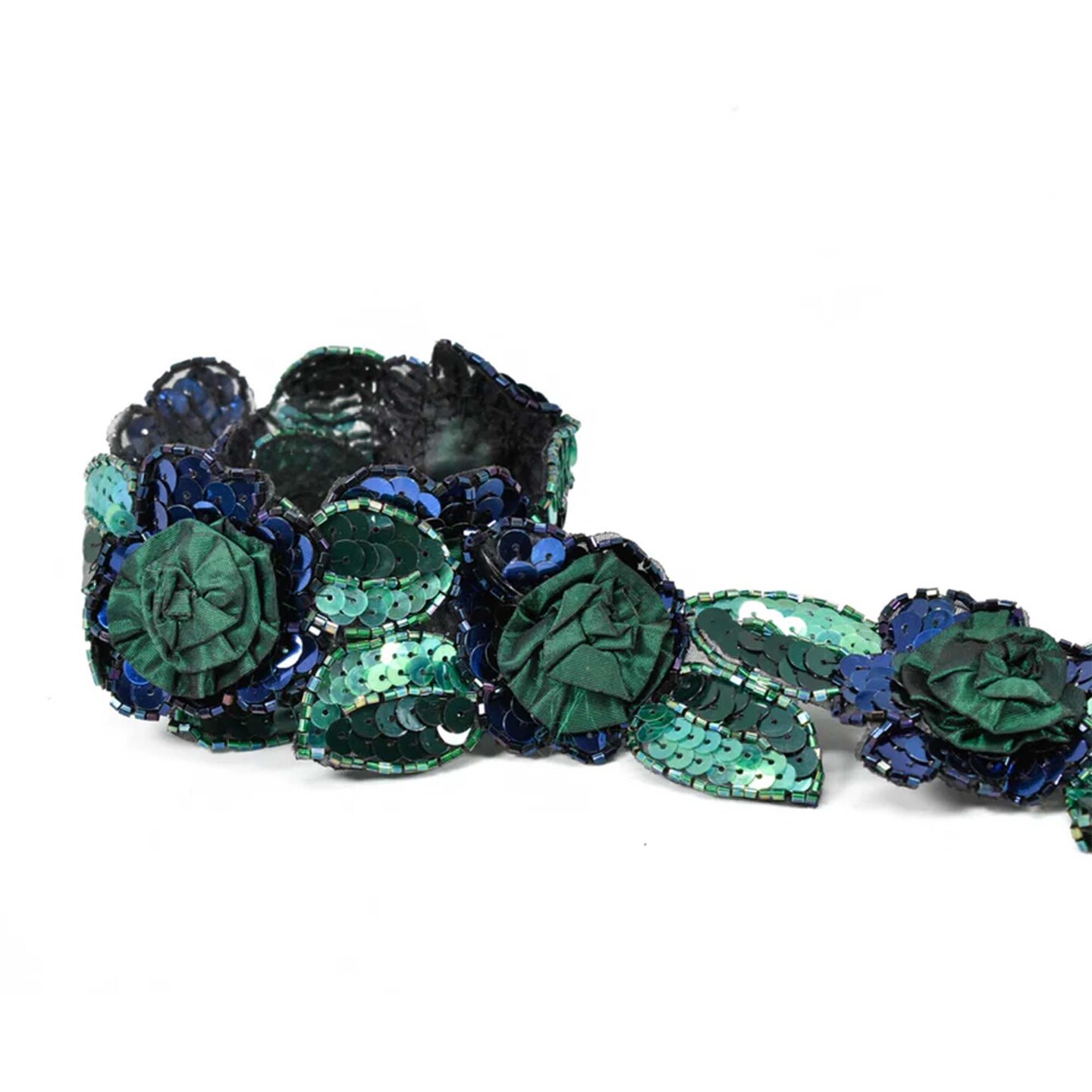 1 Yard Green Flower Sequins Beaded Applique Decorative 2.25 Inch Width