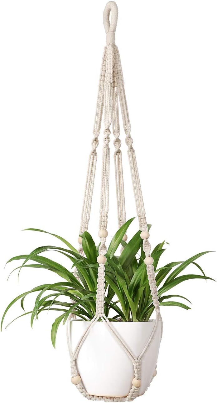 Macrame Plant Hanger Indoor Hanging Planter Basket with Wood Beads Decorative Flower Pot Holder No Tassels for Indoor Outdoor Boho Home Decor 35 Inch, Ivory, Set of 1 (POTS NOT Included)
