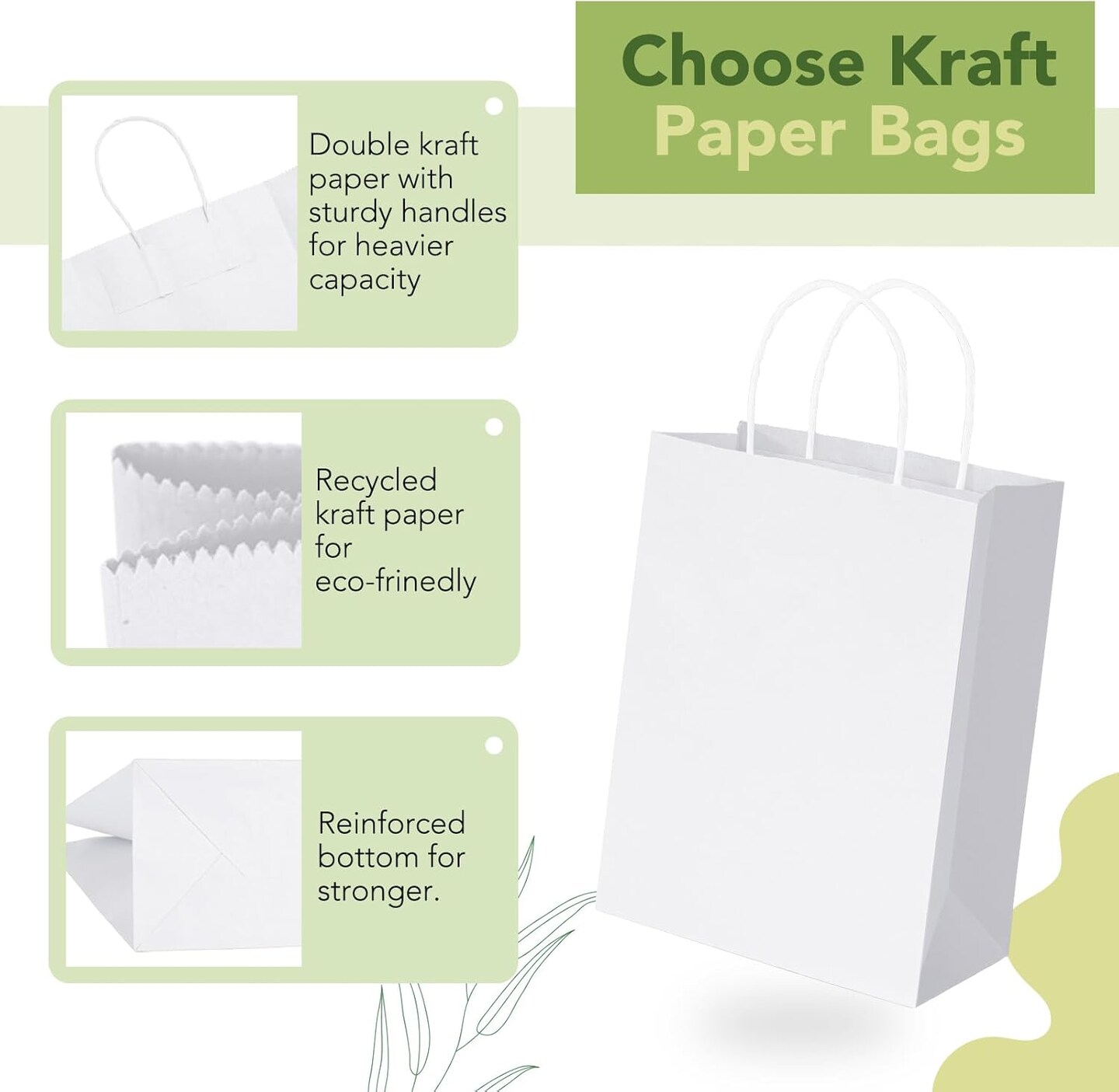 100 Pack White Gift Bags 8x4.25x10.5 Inch Kraft Paper Bags with Handles Bulk Craft Bag Medium Size for Wending Birthday Party Favor Retail Merchandise Bag