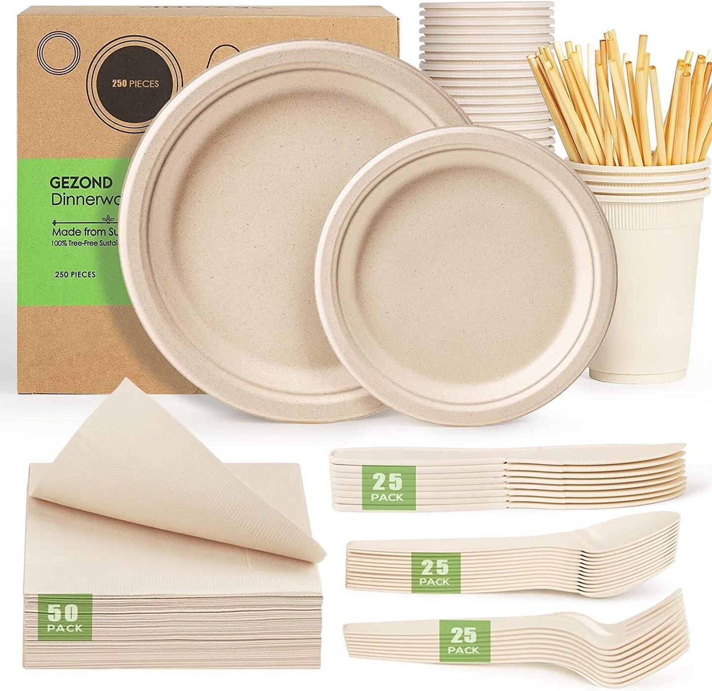 Compostable Paper Plates Set 250pcs Disposable Sugarcane Plates Utensils Eco-Friendly Plate, Cutlery, Napkins, Straws and Cups for Party 25 People