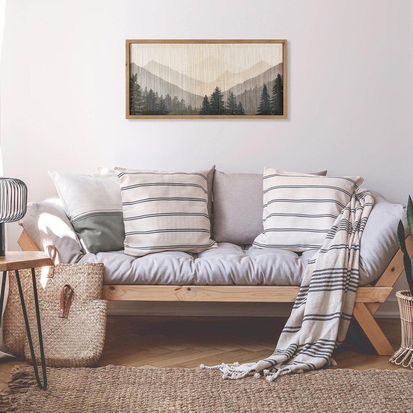 23.6 X 11.8 In Mountain Wall Art, String Crafts Pictures With Wood Framed, Nature Landscape Forest Wall Hanging Decor, Living Room Bedroom Home Artwork