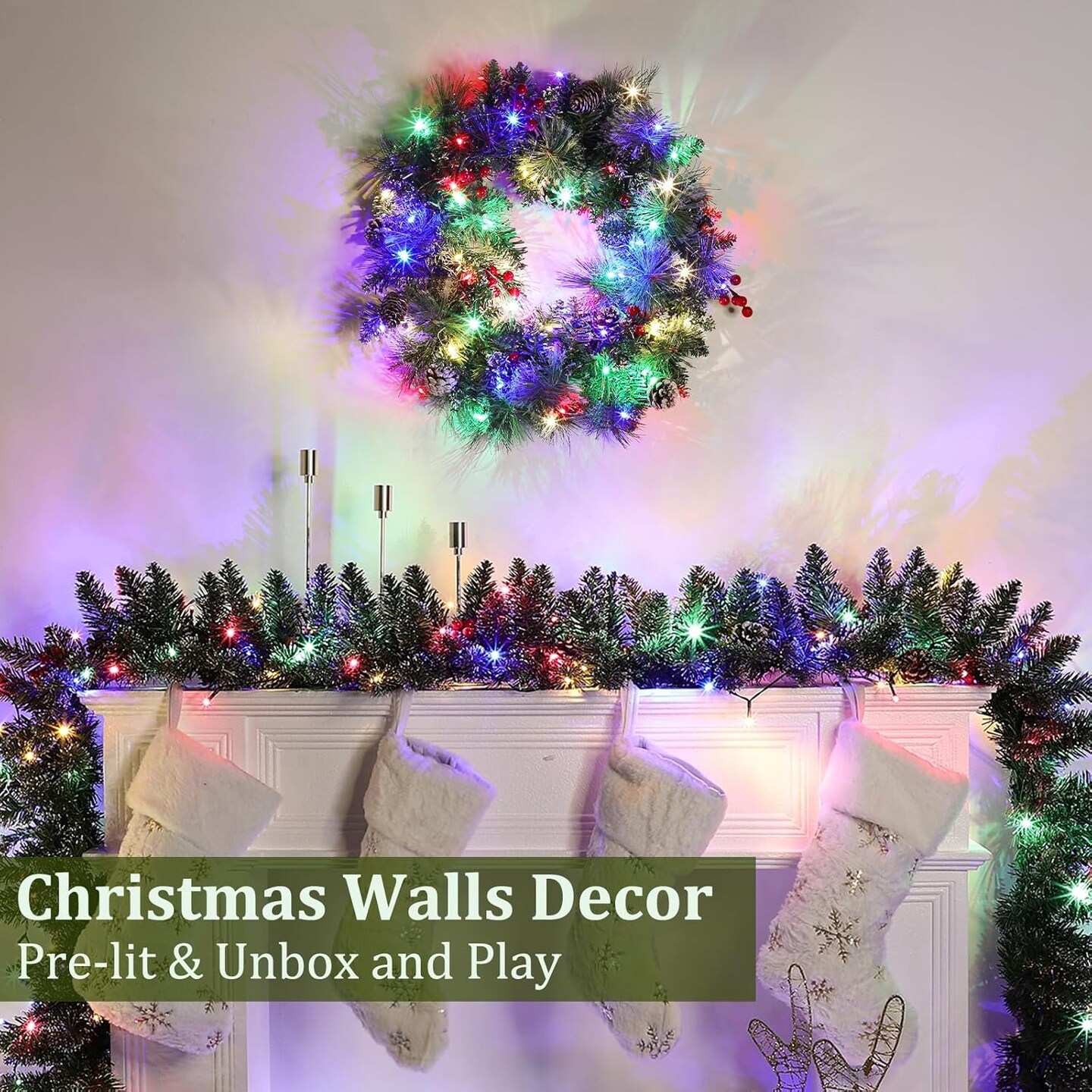 Dual Color Change&Timer-Prelit Christmas Wreaths for Front Door (Green/White) 20"D x 20"W x 4"H
