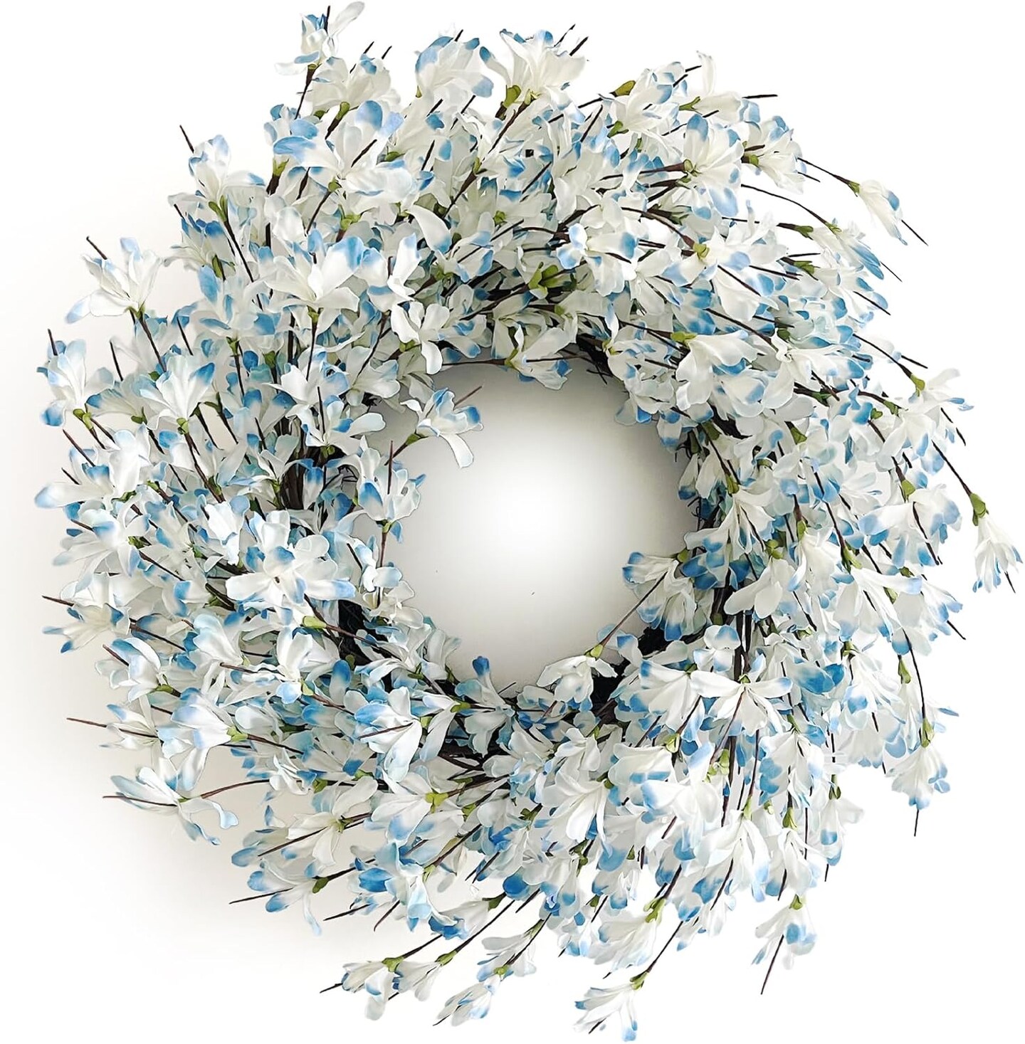 Blue Forsythia Spring Summer Wreath for Front Door, 24 Inch Summer Wreath Blue Cream Cluster on Farmhouse Grapevine Blossom Cluster for Festival Celebration Front Door Wall Window Christmas Home Décor