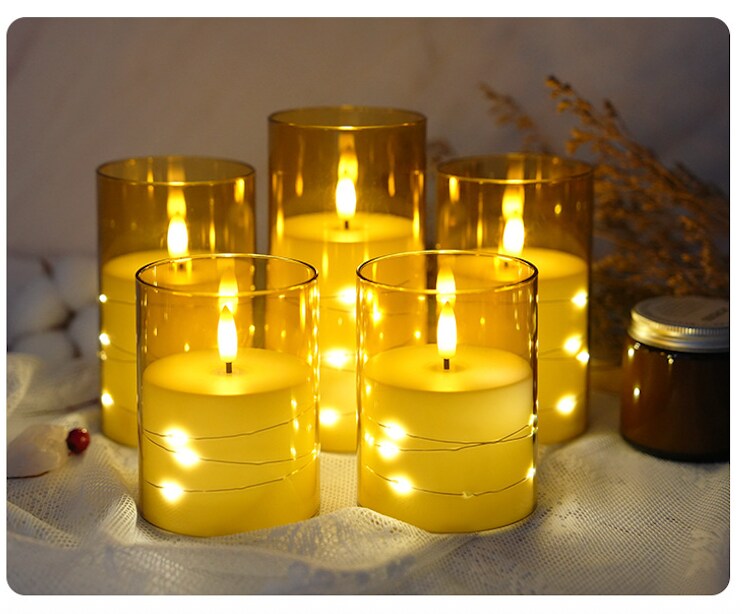 Designer&#x2019;s Shop CS-7301 Flameless LED candle with String Star Lights and Remote Control Timer. 5 pc packed, color : Gold