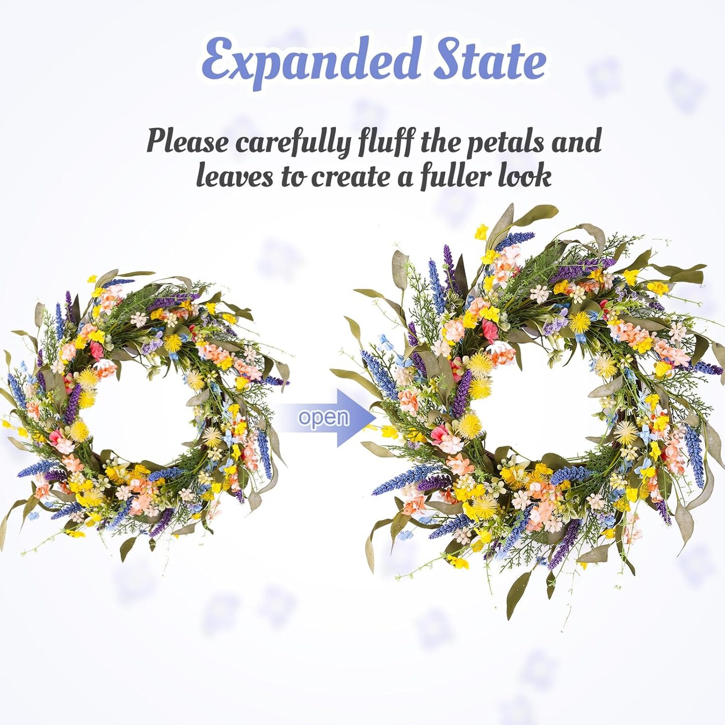 22&#x22; Colorful Wildflower Spring Summer Wreath with Green Leaves, Floral Artificial Wreath for Front Door Home Wall Wedding Farmhouse Holiday Outdoor Indoor D&#xE9;cor (Yellow)