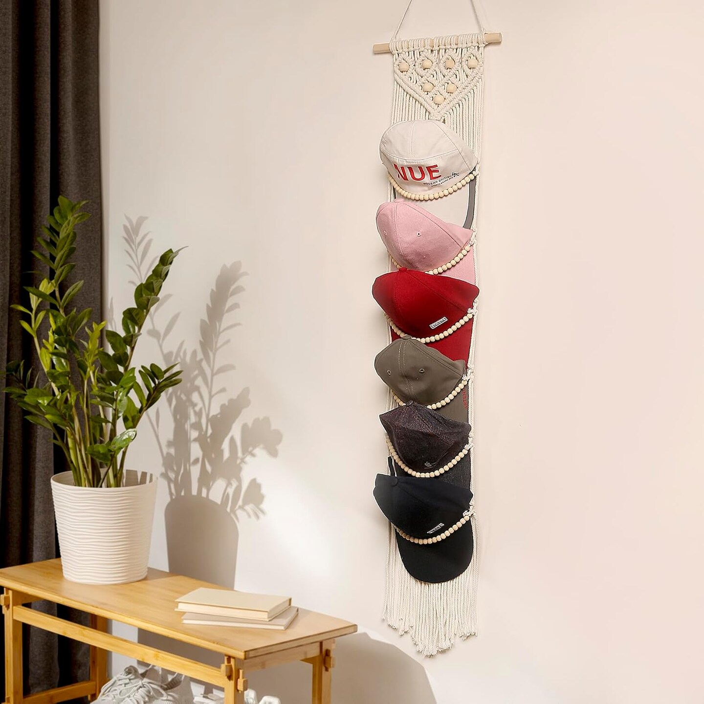 Boho Macrame Wall Hat Hanger – 1-Pack Baseball Cap Holder, Over-the-Door & Wall-Mounted Rack for Display and Storage