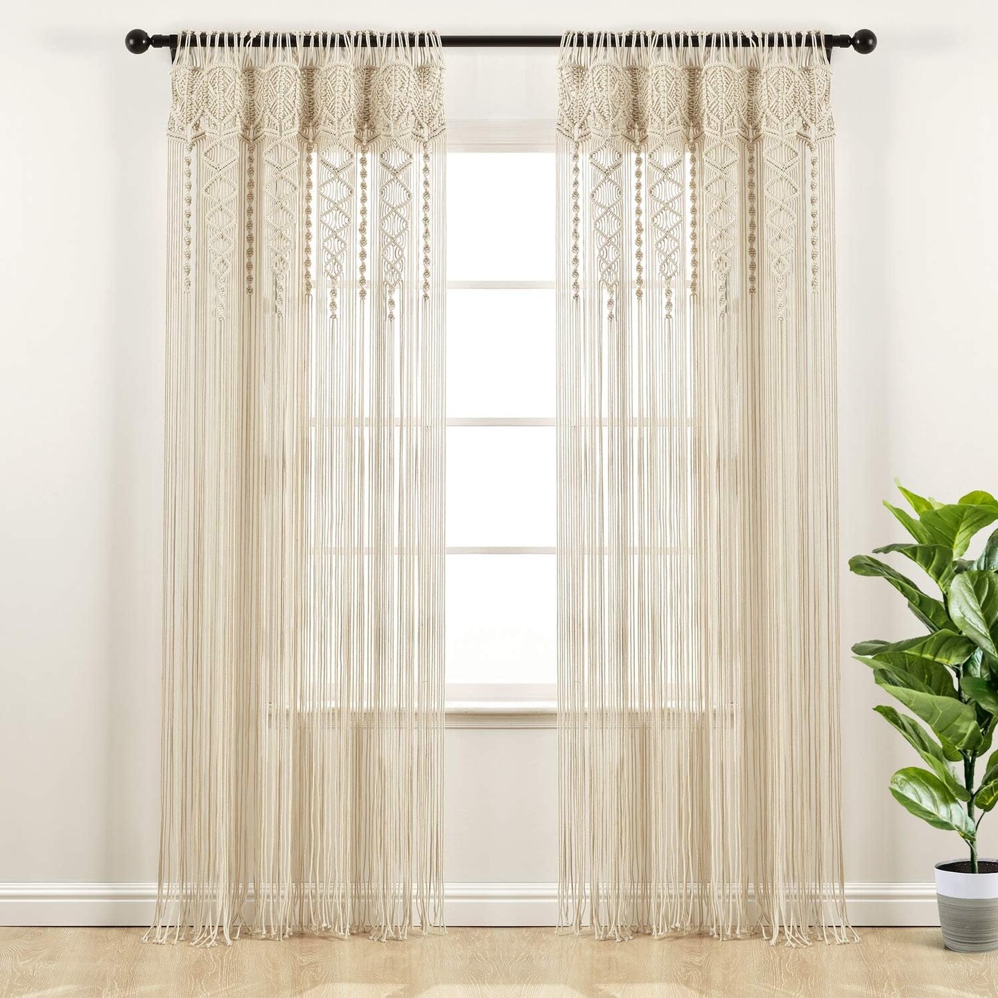 Boho Macrame Textured Cotton Window Curtain Panel, 40&#x22; W x 95&#x22; L, Neutral Room Divider - Wedding Or Wall Decor