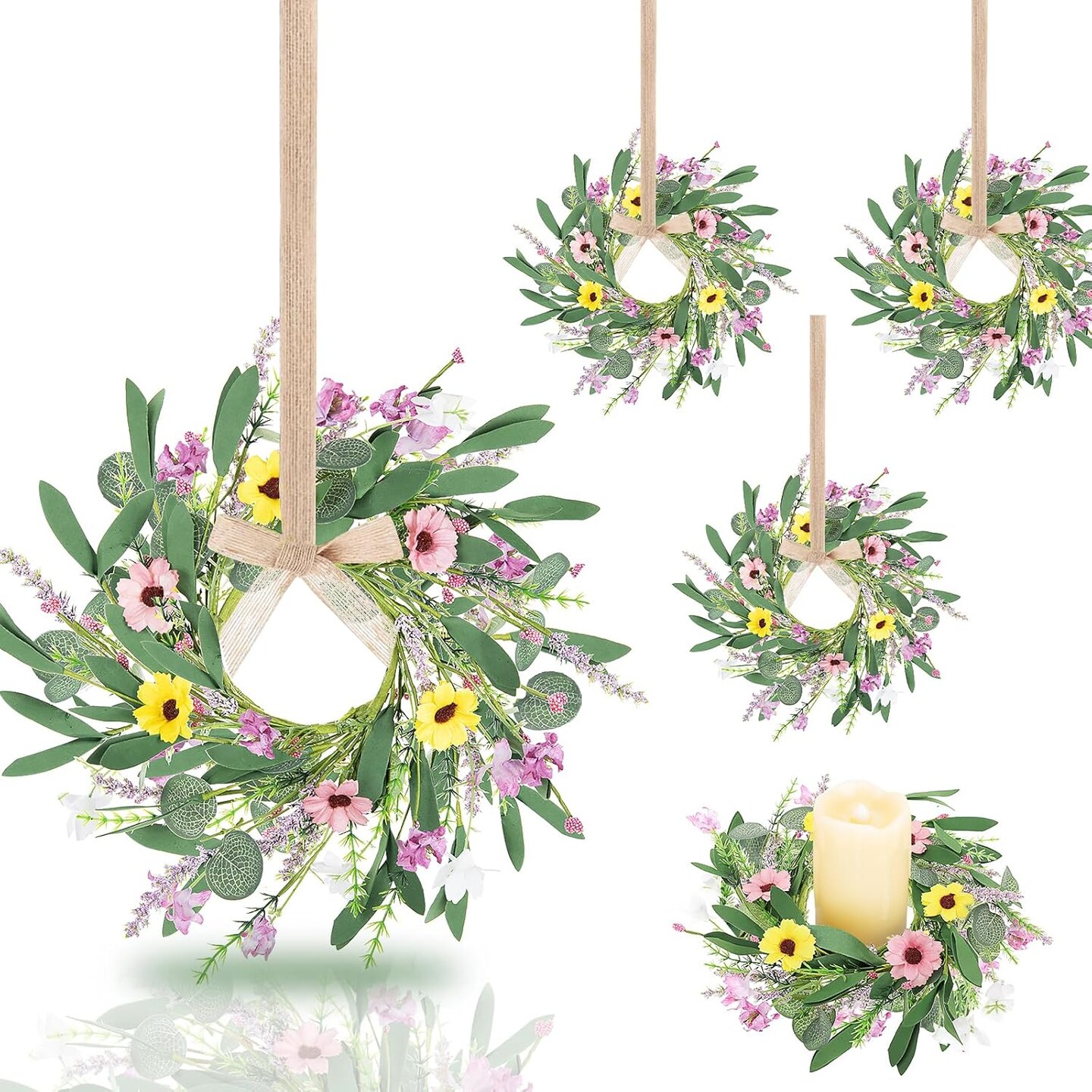 6Pcs Artificial Summer Small Wreaths Mini Floral Wedding Candle Rings Wreaths for Front Door Farmhouse Kitchen Cabinet Wreath