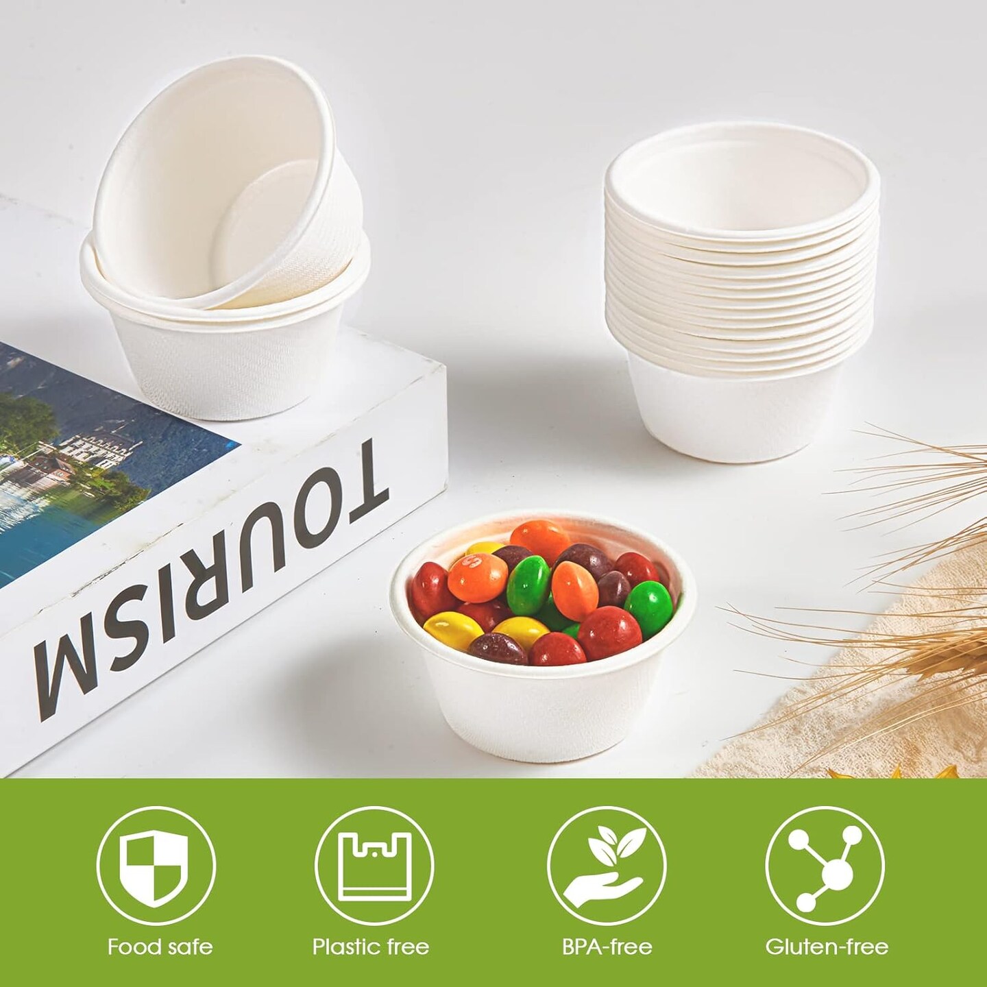 200 Pack 2 oz Compostable Portion Cups, 100% Biodegradable Souffle Cups, Disposable Paper Cups for Condiment Samples