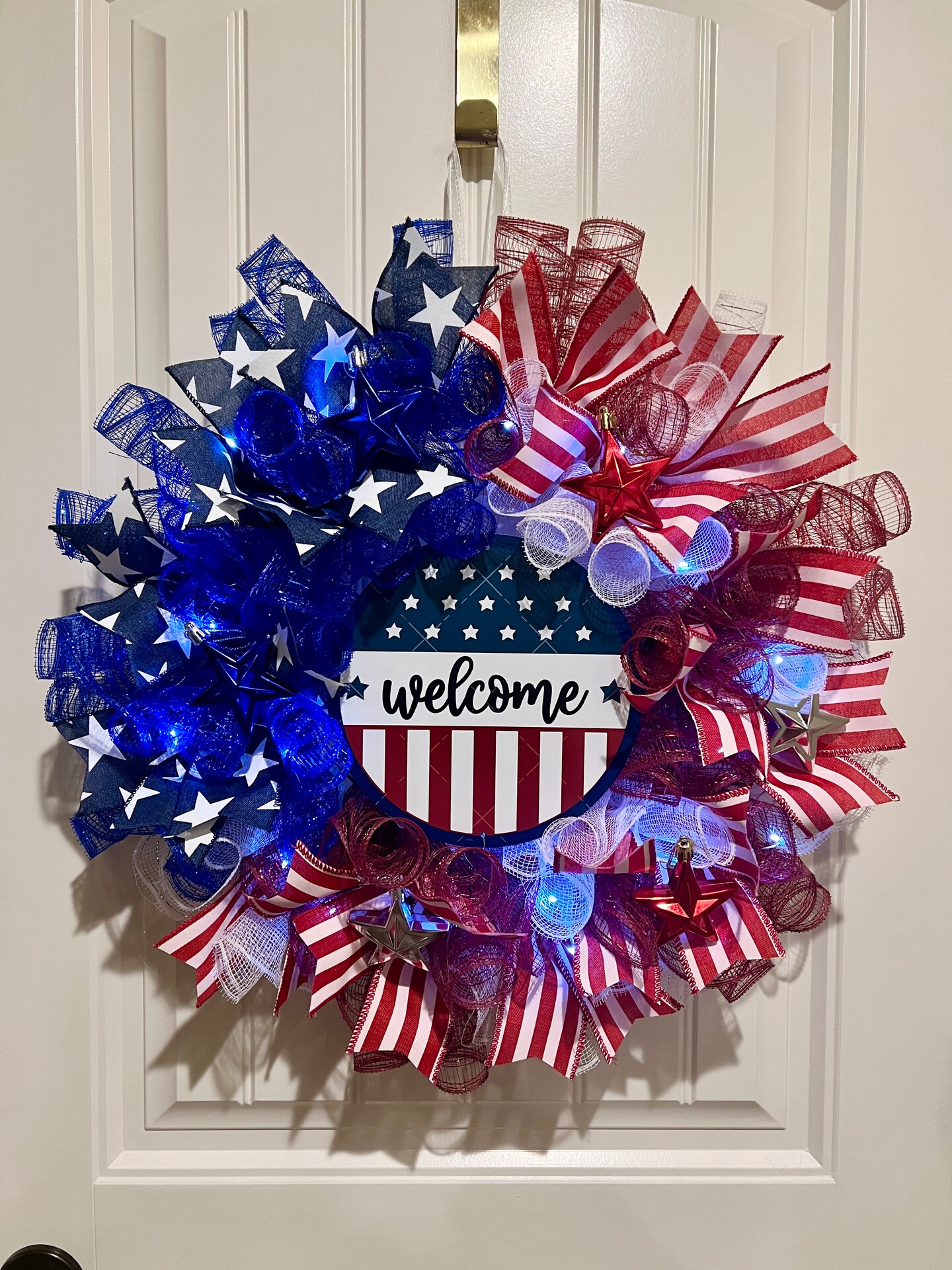 Handmade 4th of July Patriotic Welcome Stars Prelit Ribbon
