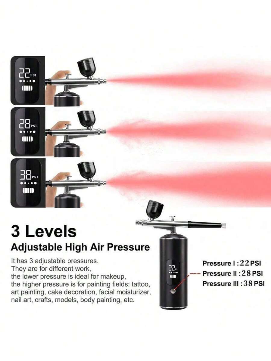 Airbrush Kit with Compressor, Digital Display, 3-Speed Adjustment, Rechargeable 900mAh Lithium Battery