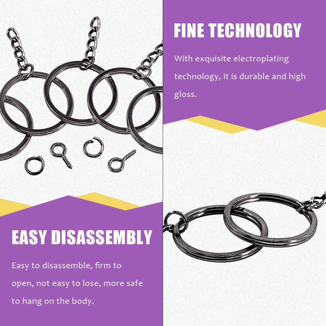 300Pcs 7/5 Inch 35mm Black Flat Key Chain Rings Kit, Including 100Pcs Split Keychain Rings with Chain and 100Pcs Jump Ring with 100Pcs Screw Eye Pins Bulk for Jewelry Findings Making
