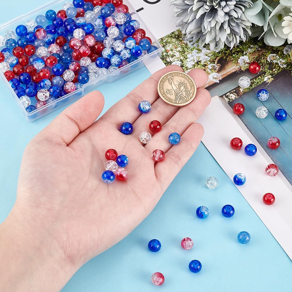 240pcs Red White Blue Glass Beads, 6 Colors Patriotic Beads 8mm Round Glass Beads Crackle Loose Beads for Beaded Baseball Necklace