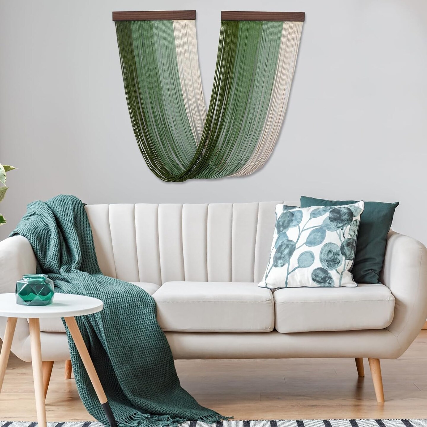 Large Macramé Wall Hanging – Green Boho Woven Tapestry with Tassels, Modern Yarn Wall Art for Bedroom or Living Room, 18" W x 32" H