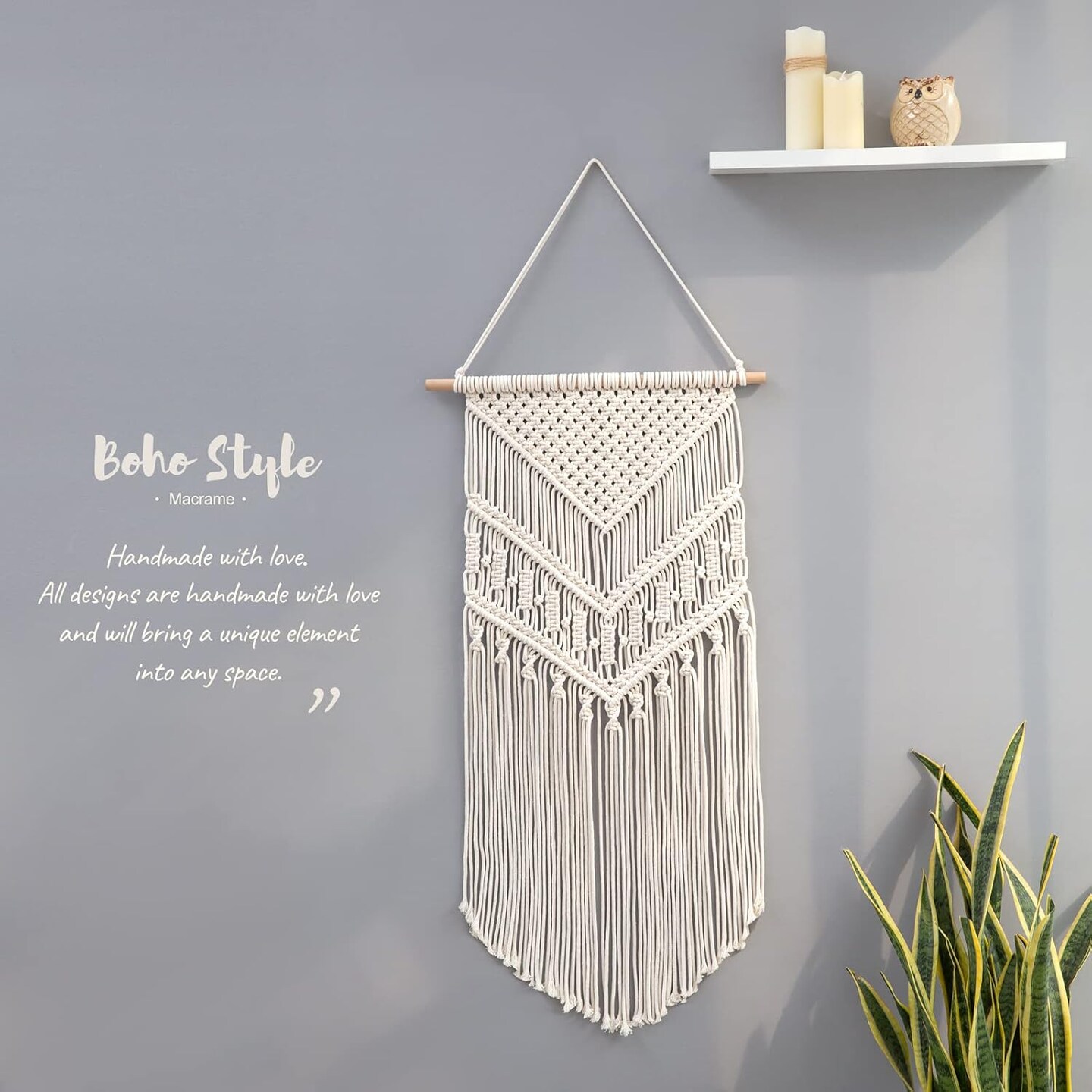 Macrame Wall Hanging Art Woven Boho Home D&#xE9;cor, Geometric Beautiful Yarn Tapestry Wall Decor for Bedroom, Nursery, Apartment, Dorm Decoration, 17&#x22; W x 33&#x22; L