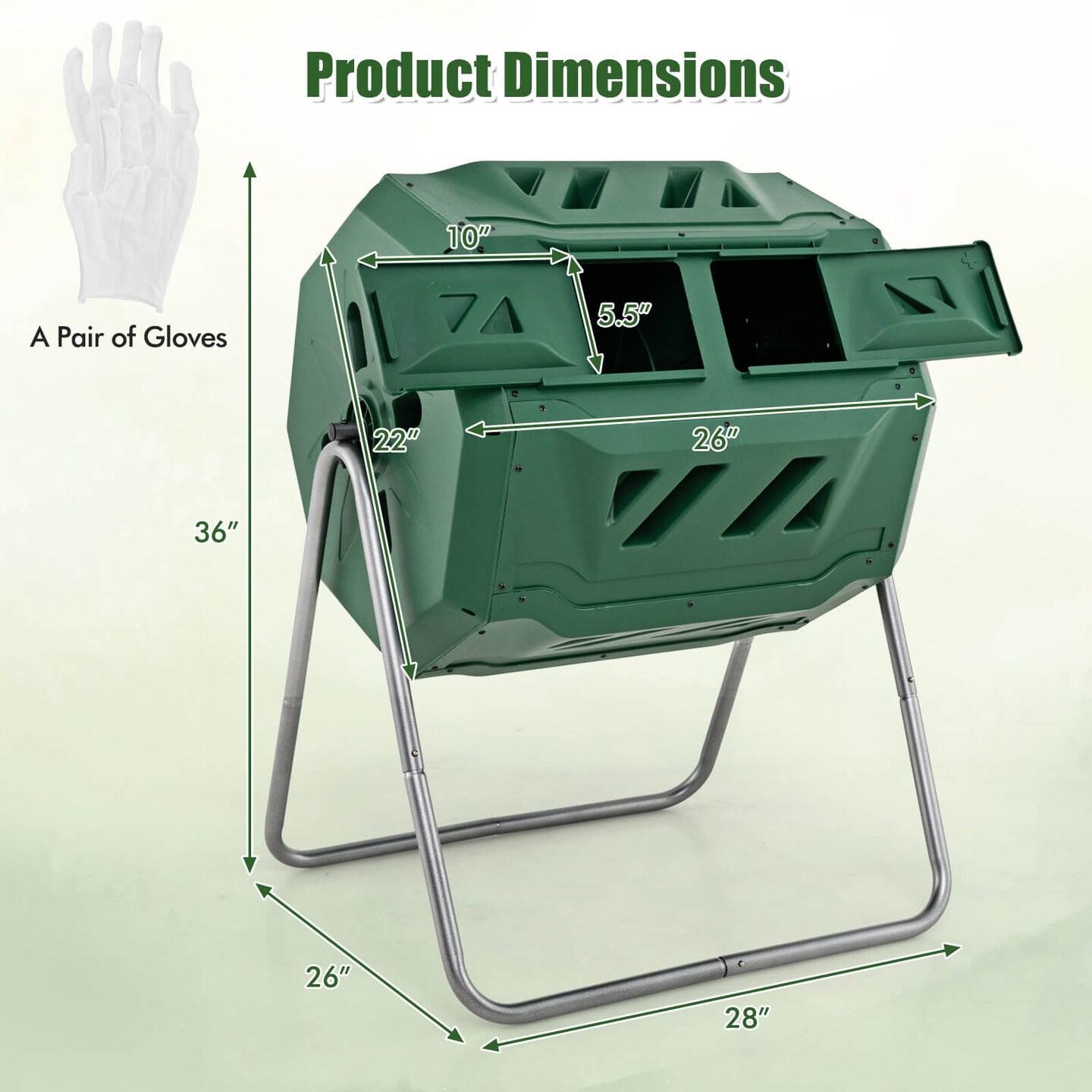 Costway 42-Gal Compost Bin Dual Chamber Composting Tumbler with 2 Sliding Doors Metal Frame Black/Green