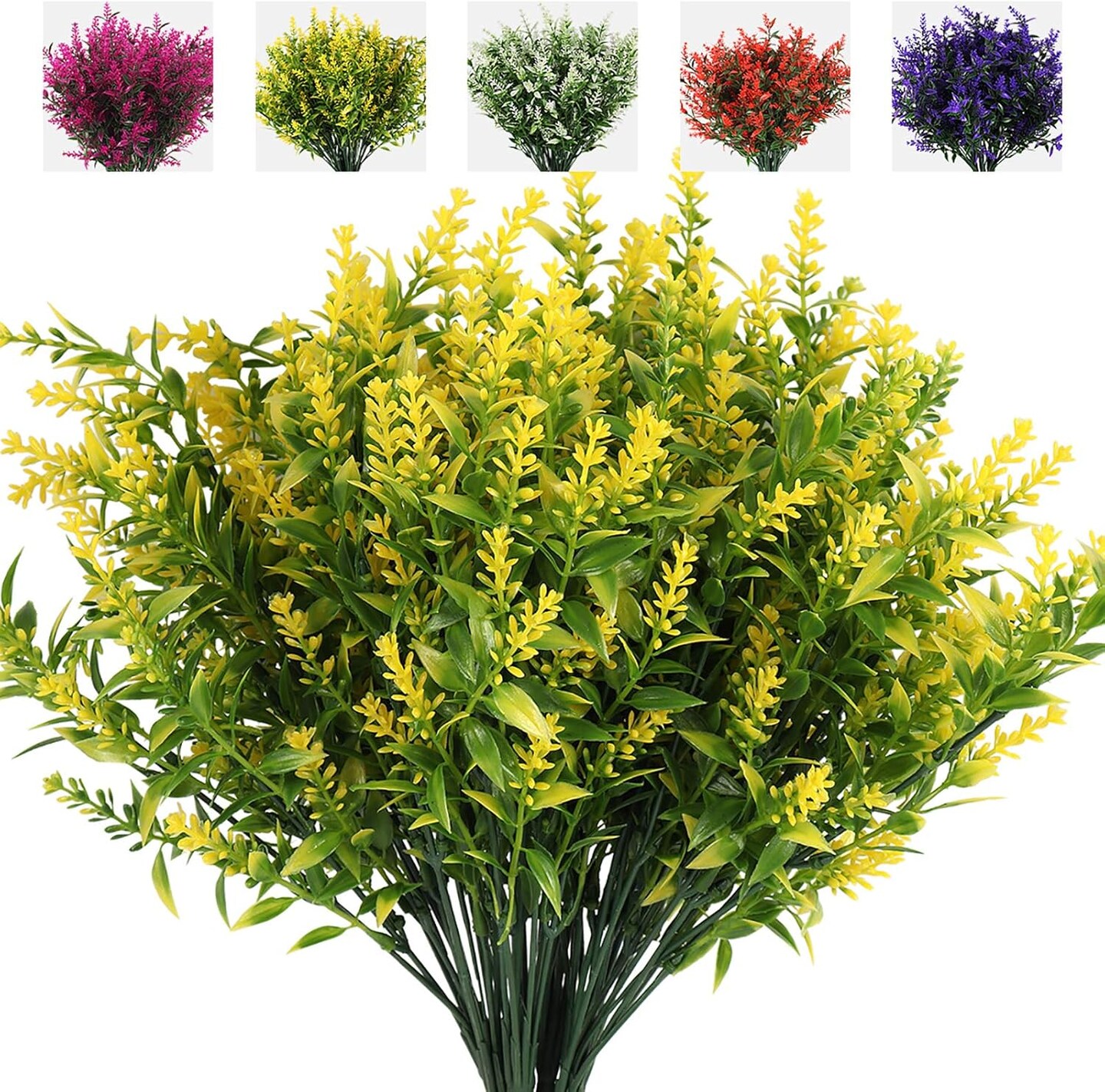 8-Bundle Artificial Lavender Flowers – UV-Resistant Faux Shrubs, Greenery Bushes for Indoor & Outdoor Décor, Garden, Patio, Office, Home Decoration (Yellow)