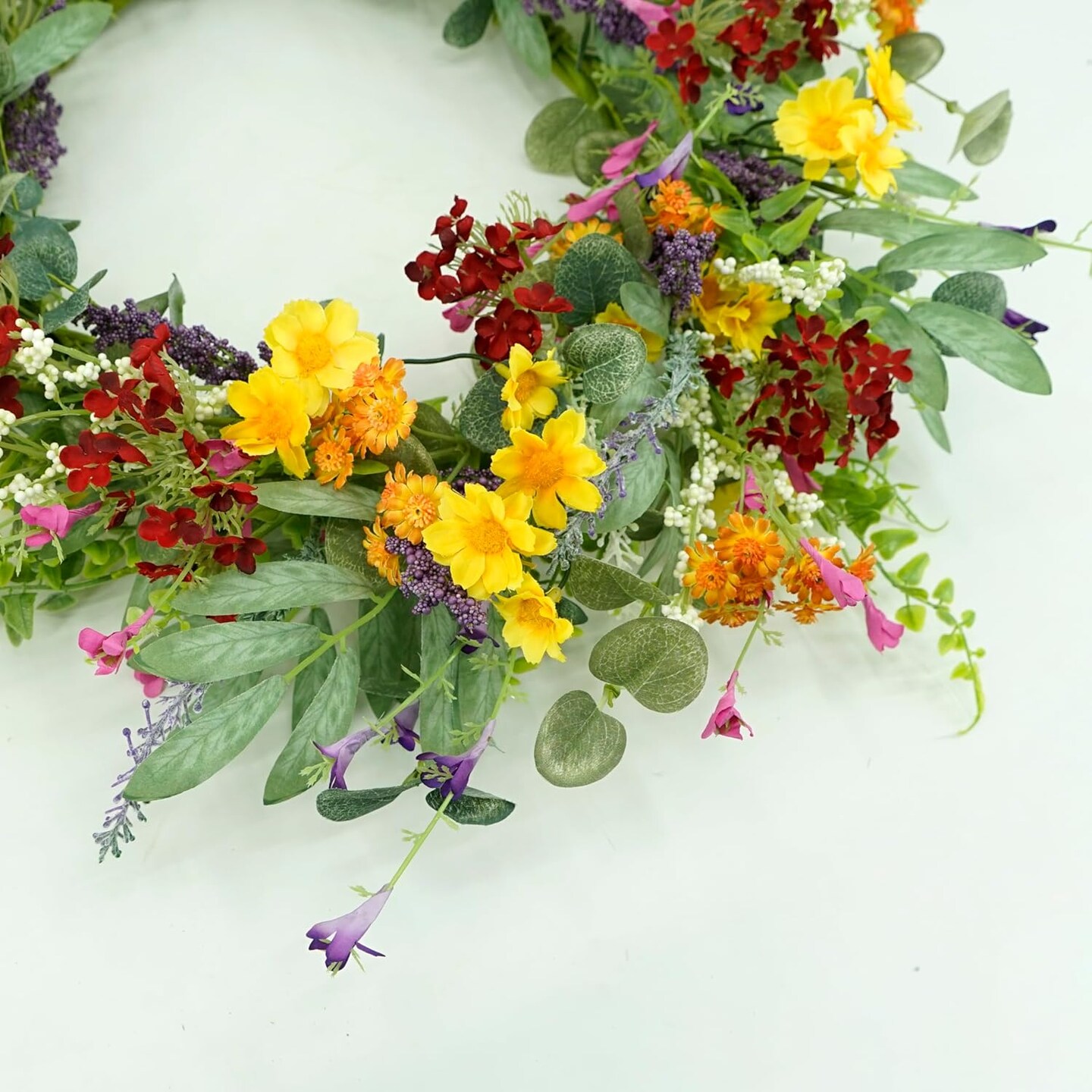 Artificial Spring Summer Wreath for Front Door Yellow Daisy Wreath with Olive Leaf,Eucalyptus Leaves for Front Door Indoor Outdoor Wall Porch Farmhouse Home Decor