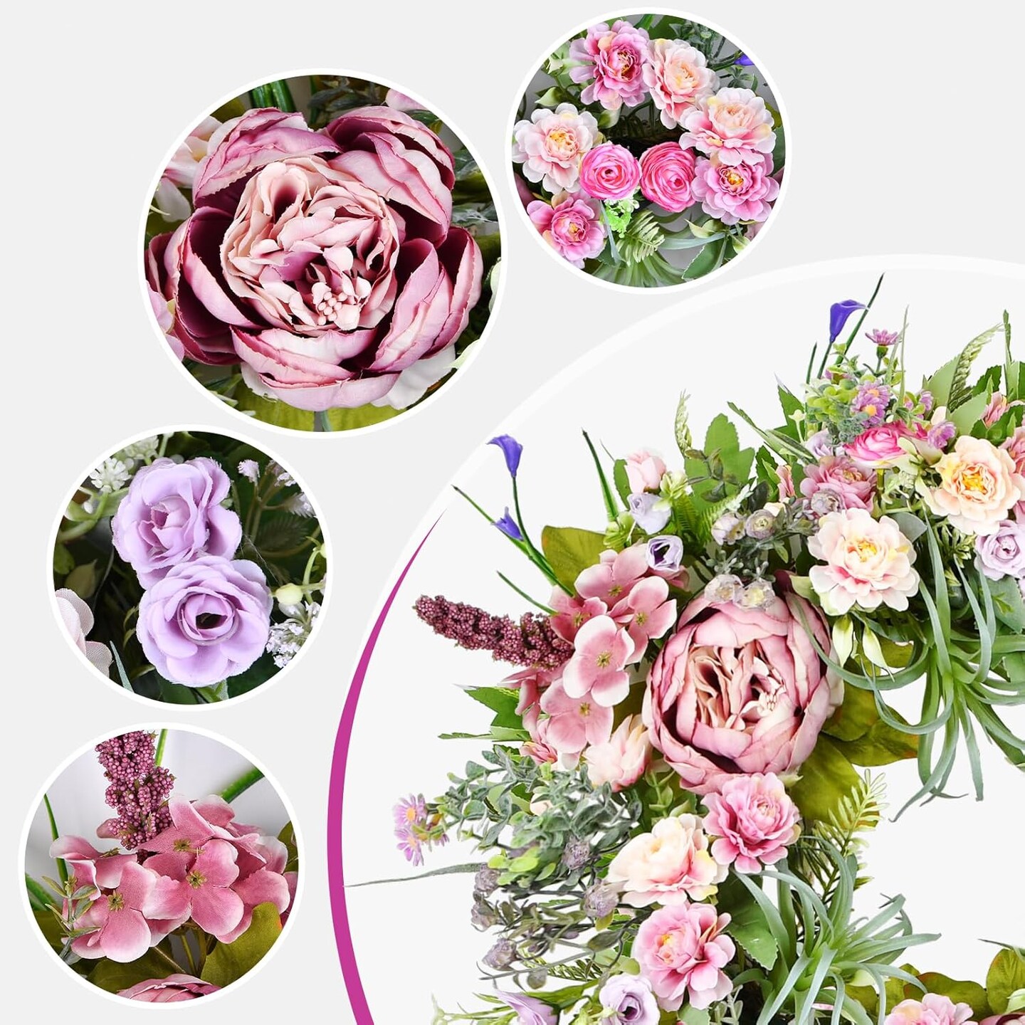 Peony Spring Summer Wreath for Front Door 20inch, TechKen Handmade Articial Blooming Peony Succulent Wreath