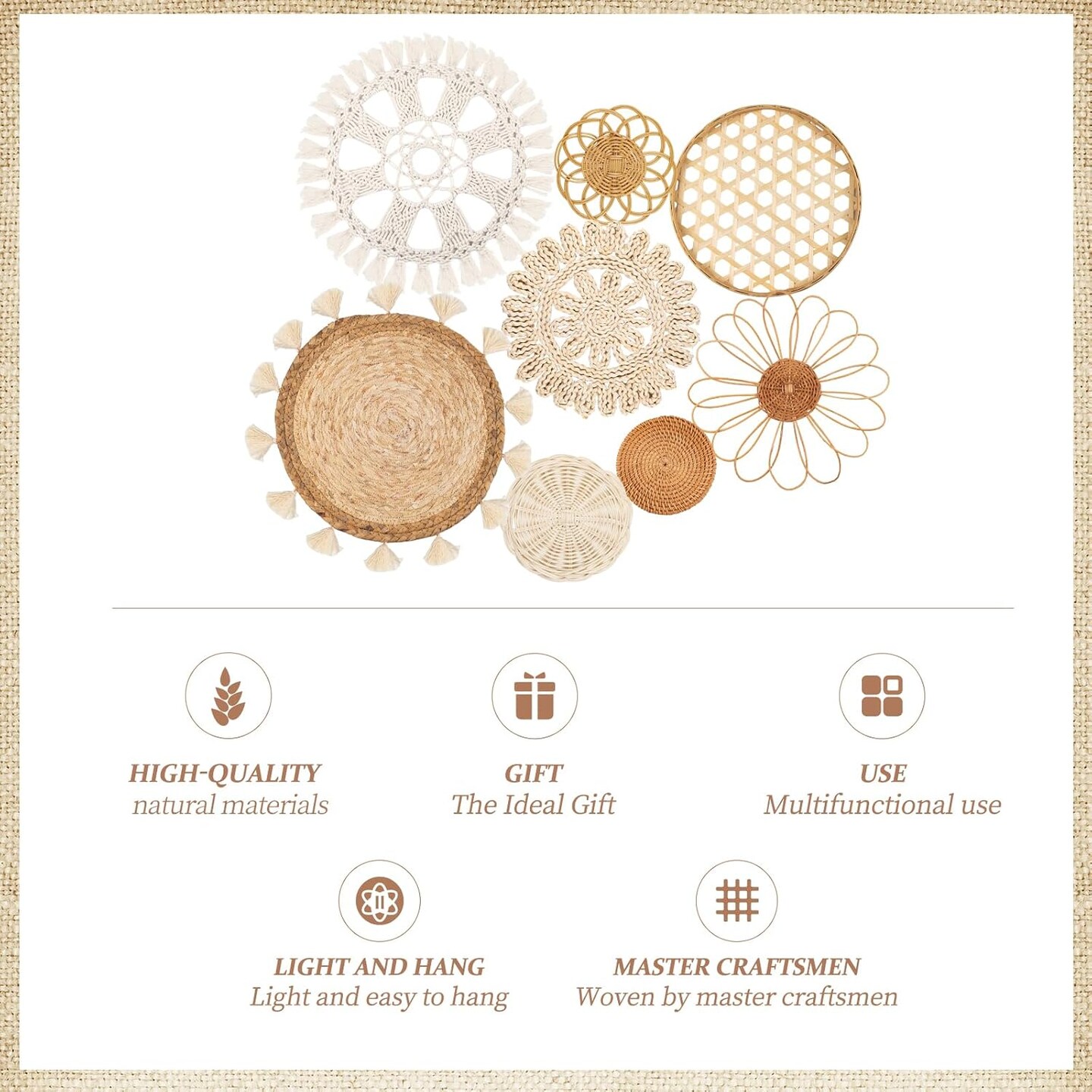 Boho Wall Basket Decor Set of 8 Flat Woven Baskets with Round Tassels, White Macrame Tapestry Wall Art, Handmade Rattan, Wicker, and Seagrass Home Wall Decor (Boho Classic)