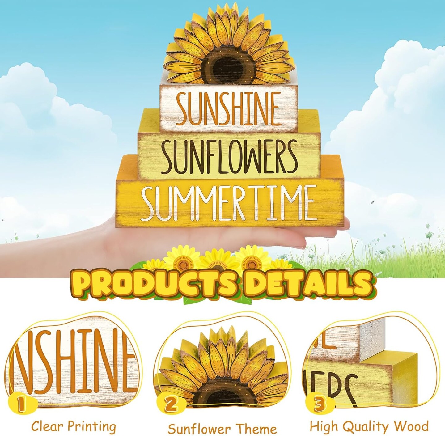 4 Pcs Summer Wooden Tiered Tray Decor Farmhouse Rustic Table Decor Books Stack Block Signs for Table & Home Office Decorations(Sunflower Style)