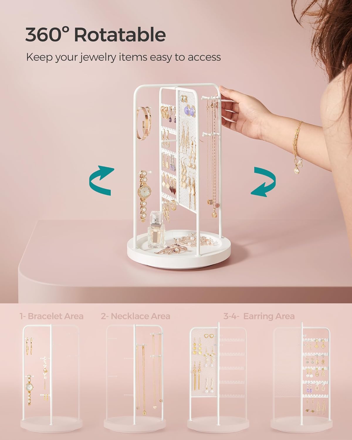 SONGMICS Jewelry Stand, Rotating Jewelry Display, 4 Independent Sections, Metal Frame, with Bottom Tray, Jewelry Organizer for Necklaces, Bracelets, Earrings, Rings, Gift Idea, White UJJS023W01