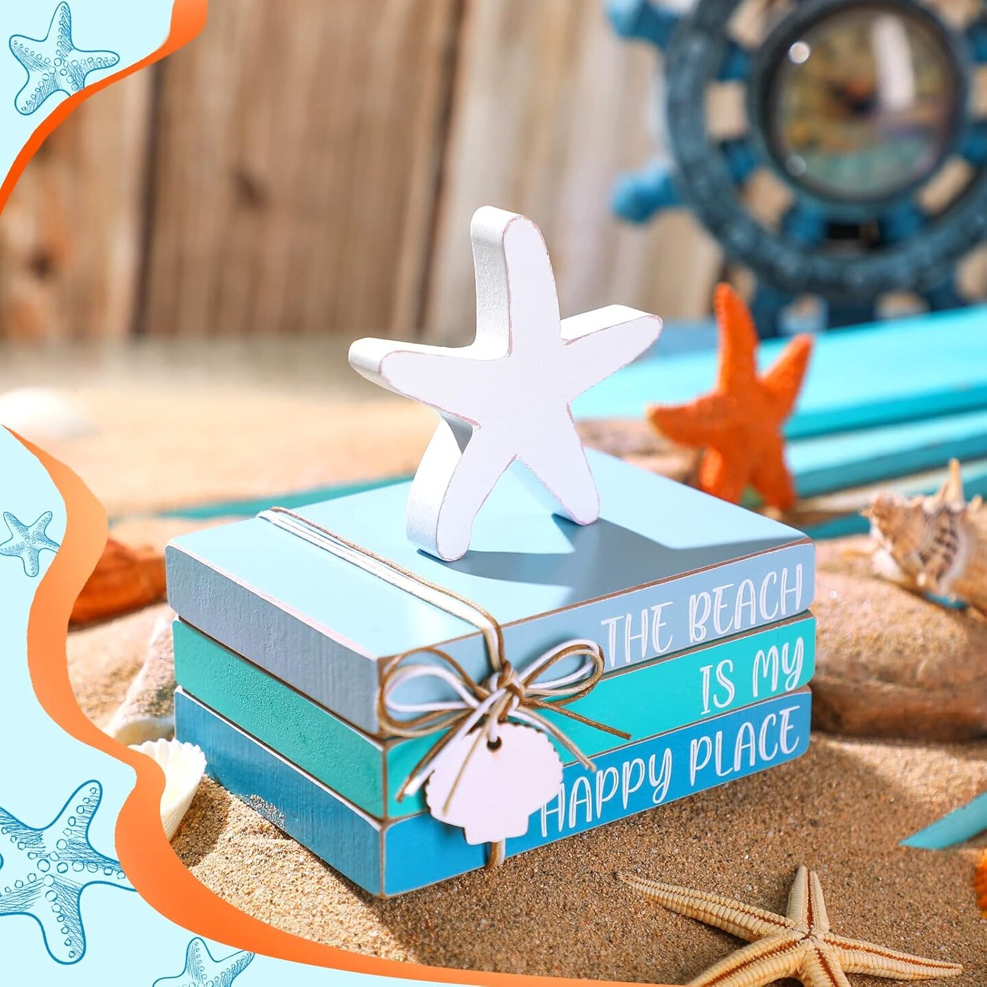 4 Pcs Starfish Shell Beach Tabletop Beach Blue Wooden Book Decor Wood Stacked Book Table Centerpiece for Summer Rustic Farmhouse Home Living Room Decorative(Starfish Shell)