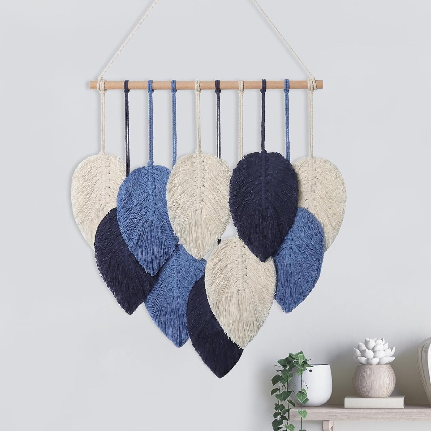 Macramé Wall Hanging – Navy Blue Woven Leaf Tapestry with Tassels, Handmade Cotton Boho Feather Wall Art for Apartment, Bedroom, or Modern Bohemian Room Décor Backdrop