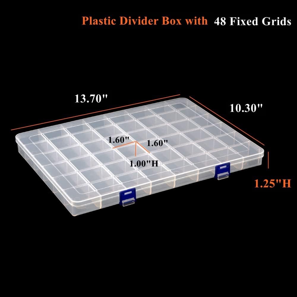 2 Pack Fixed 48 Grids Clear Plastic Divider Storage Box, Transparent Organizer Container Case for Bead, Button, Jewelry, Diamond, Craft, Small Parts, Sewing Kit&#xFF0C;DIY Accessories