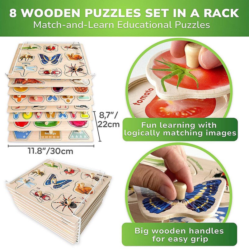 8x Wooden Puzzles Alphabet Numbers &#x26; Animals Toddler Learning Set with Rack