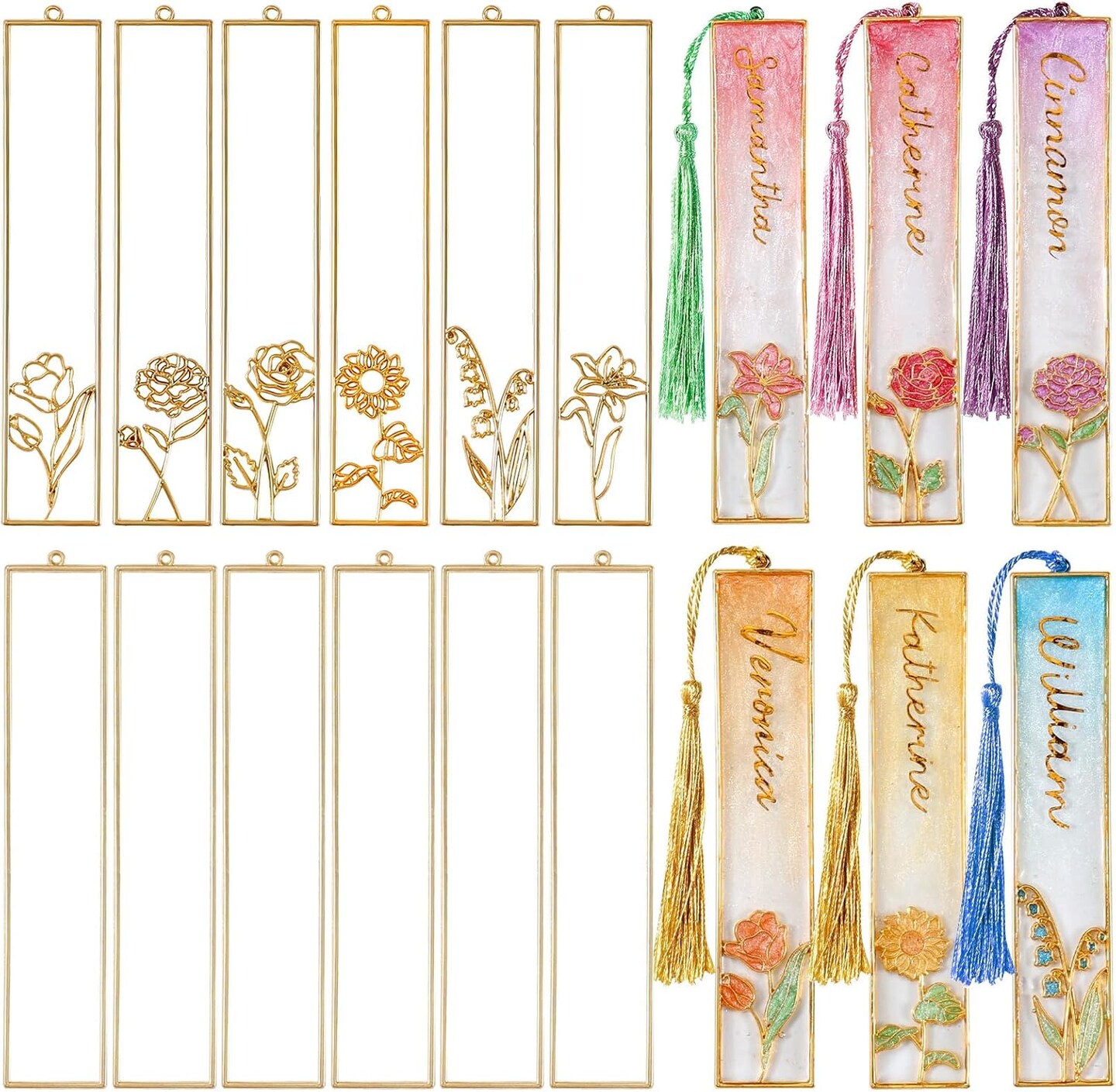 LET&#x27;S RESIN 12pcs Bookmark Bezels with Tassels, UV Resin Molds for DIY Bookmarks(6 Flowers and 6 Blank Frames), Resin Craft Bezels Bookmark Molds for Mother&#x27;s Day Gifts