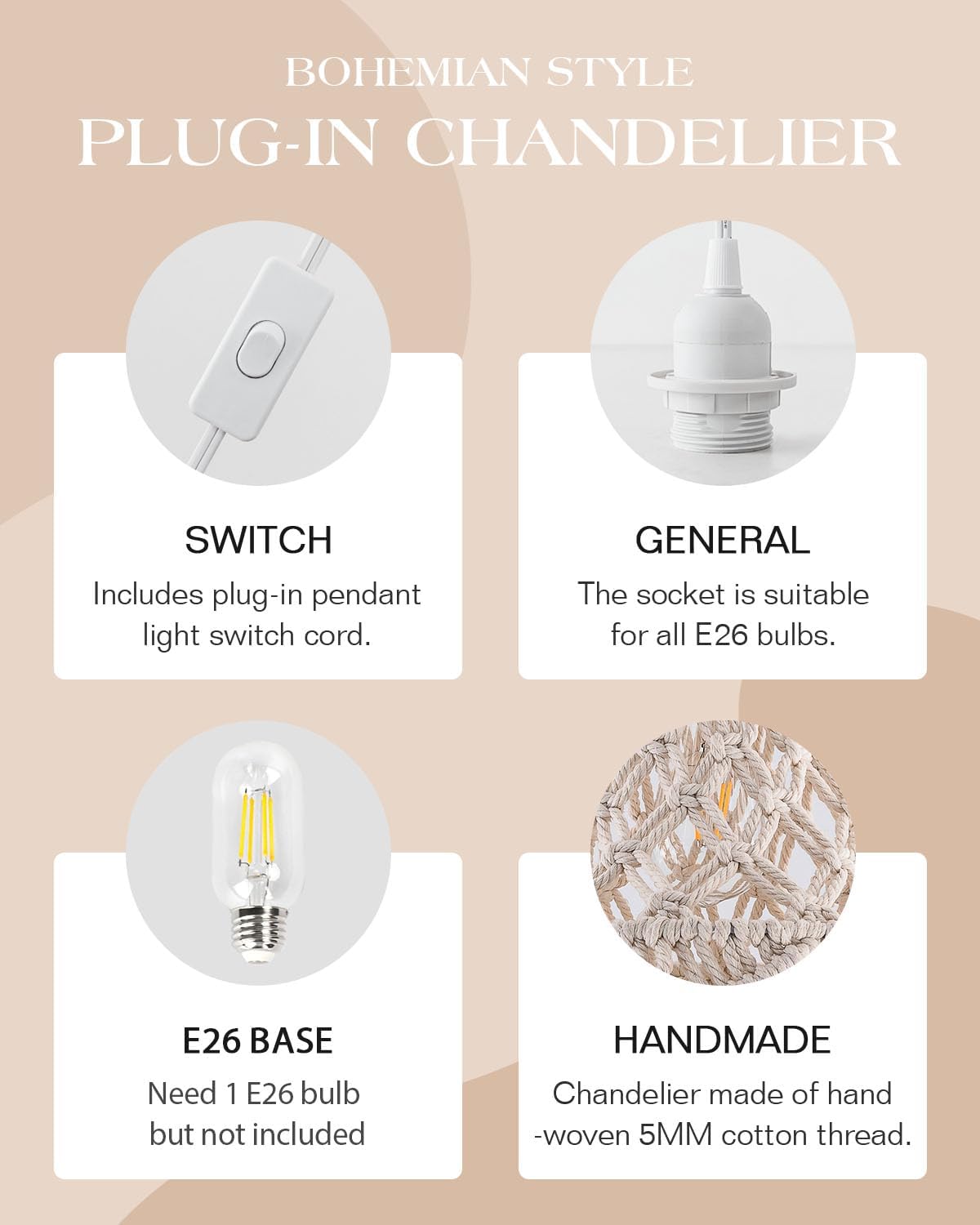 Boho Plug in Pendant Light Macrame Lamp Shade, Hanging Lamp with Plug in Cord,On/Off Switch,Bohemian Hanging Light Fixtures That Plug Into Wall Outlet for Bedroom Decor Living Room