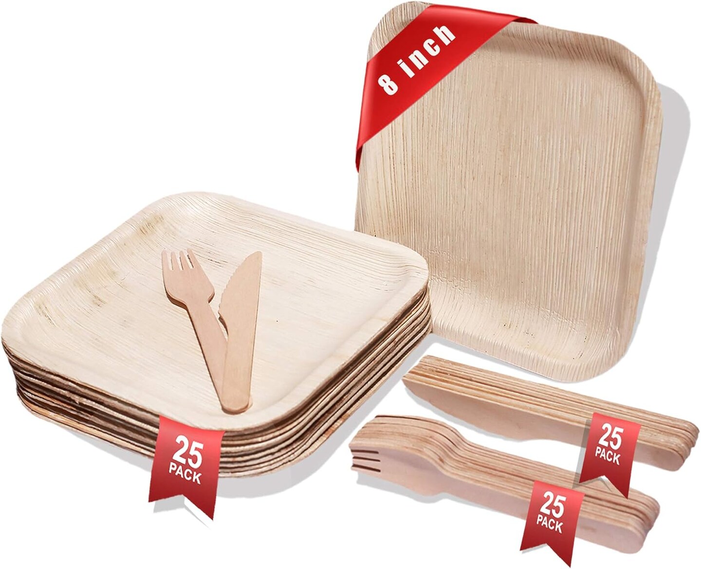 Bamboo Plates Disposable with cutlery (25 Forks &#x26; 25 Knives) - 8&#x22; Eco Friendly Palm leaf plates, 100% Biodegradable &#x26; Compostable Party Plates (8 Inch) better than plastic and paper plate